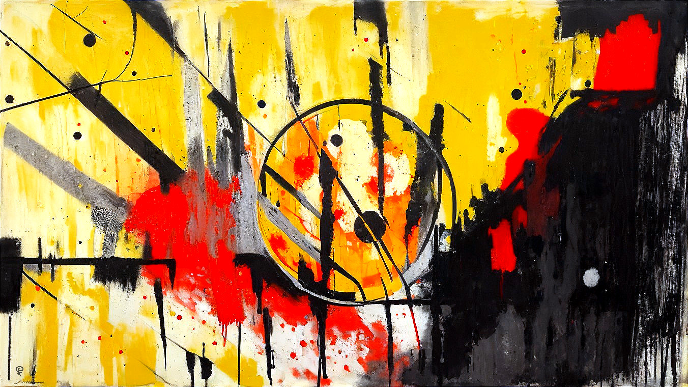 Vibrant Artwork with Yellow Background and Geometric Shapes