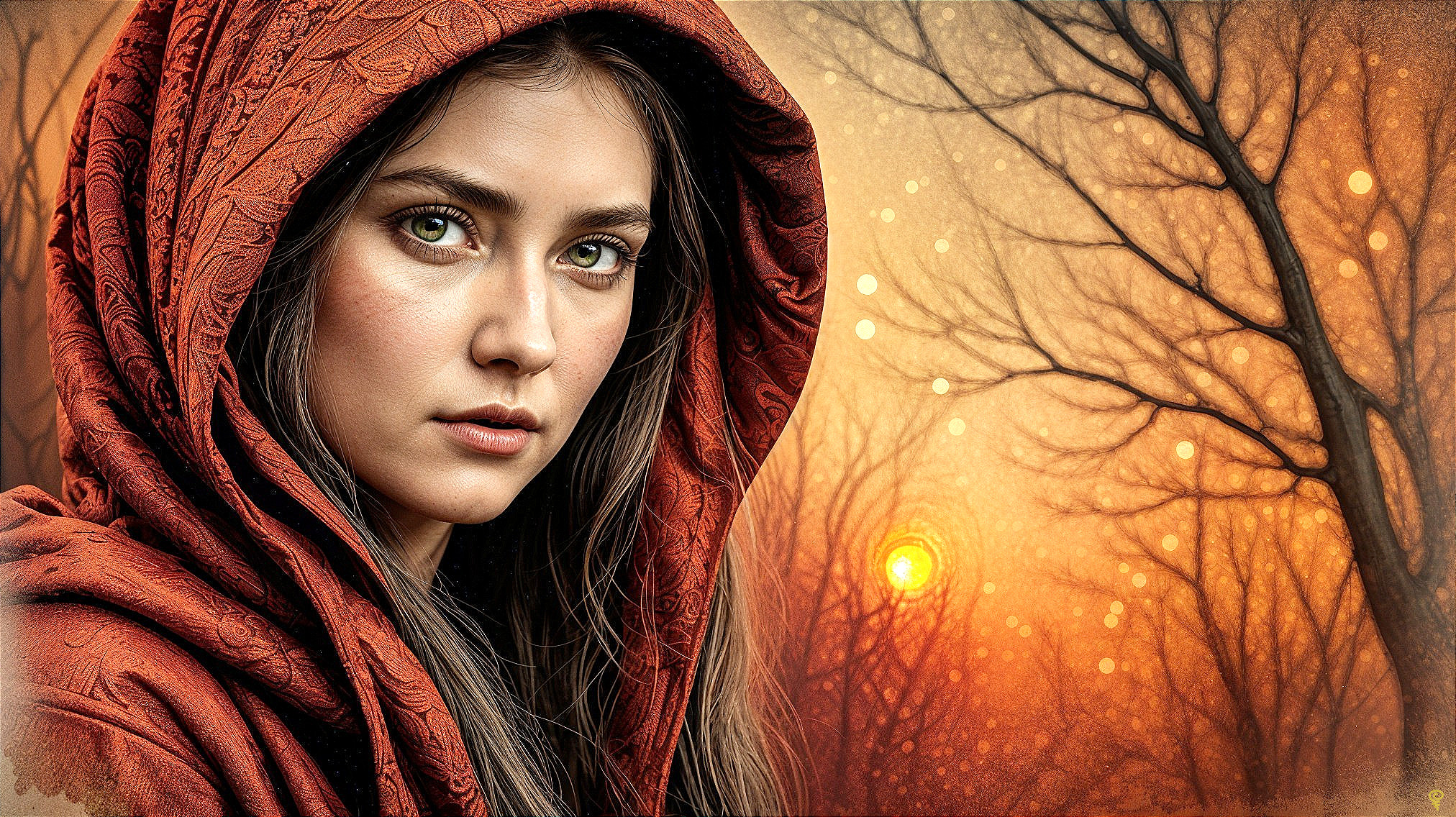 Young woman in red hood with green eyes at sunset