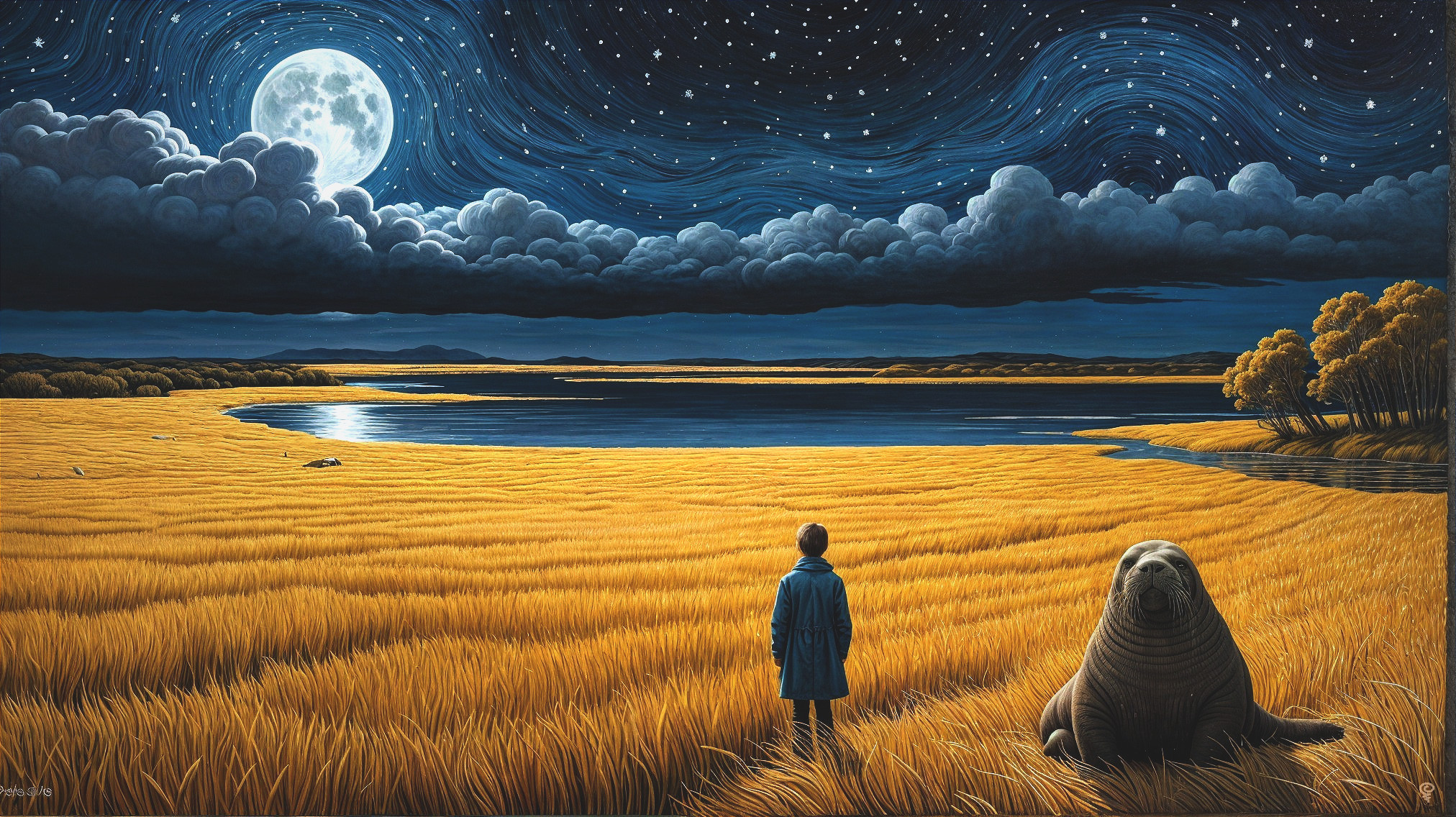 Golden Grass Field Under Starry Night Sky