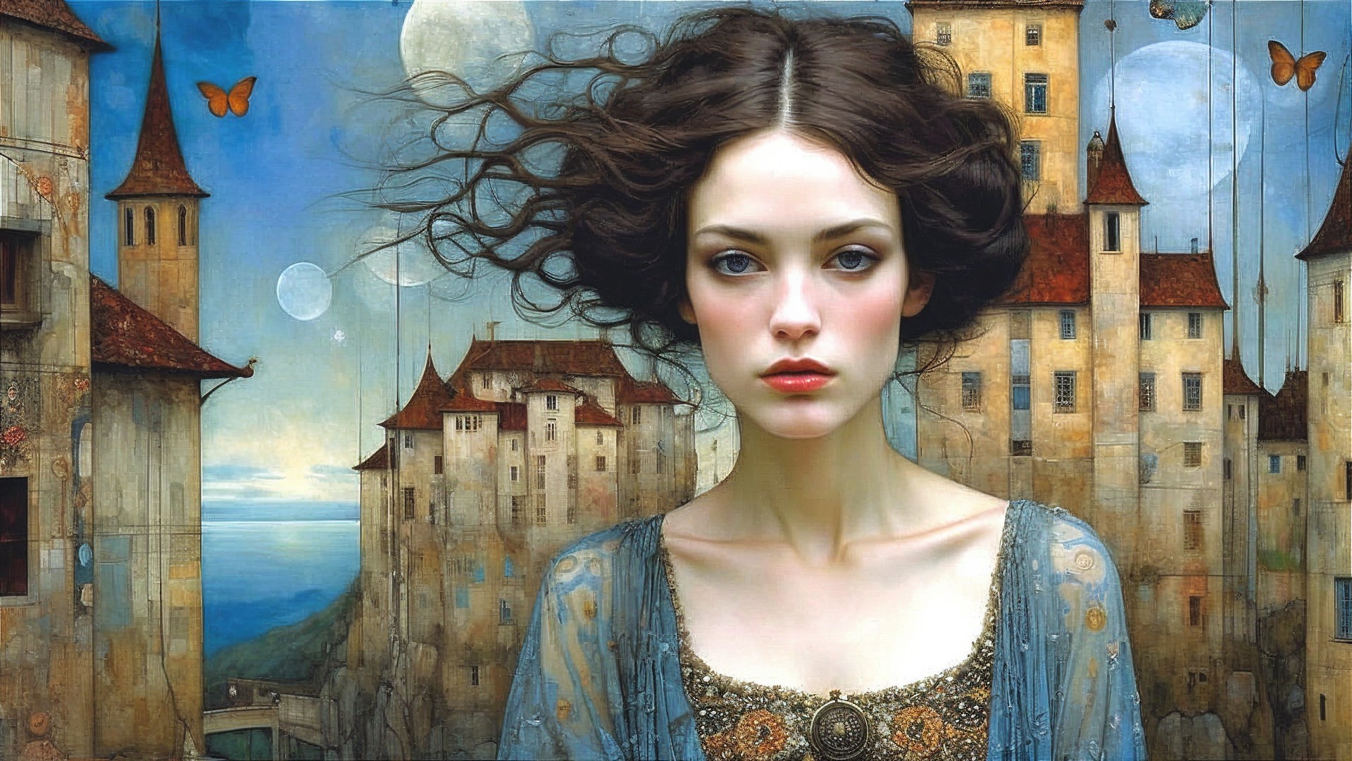 Young woman in floral garment in surreal landscape