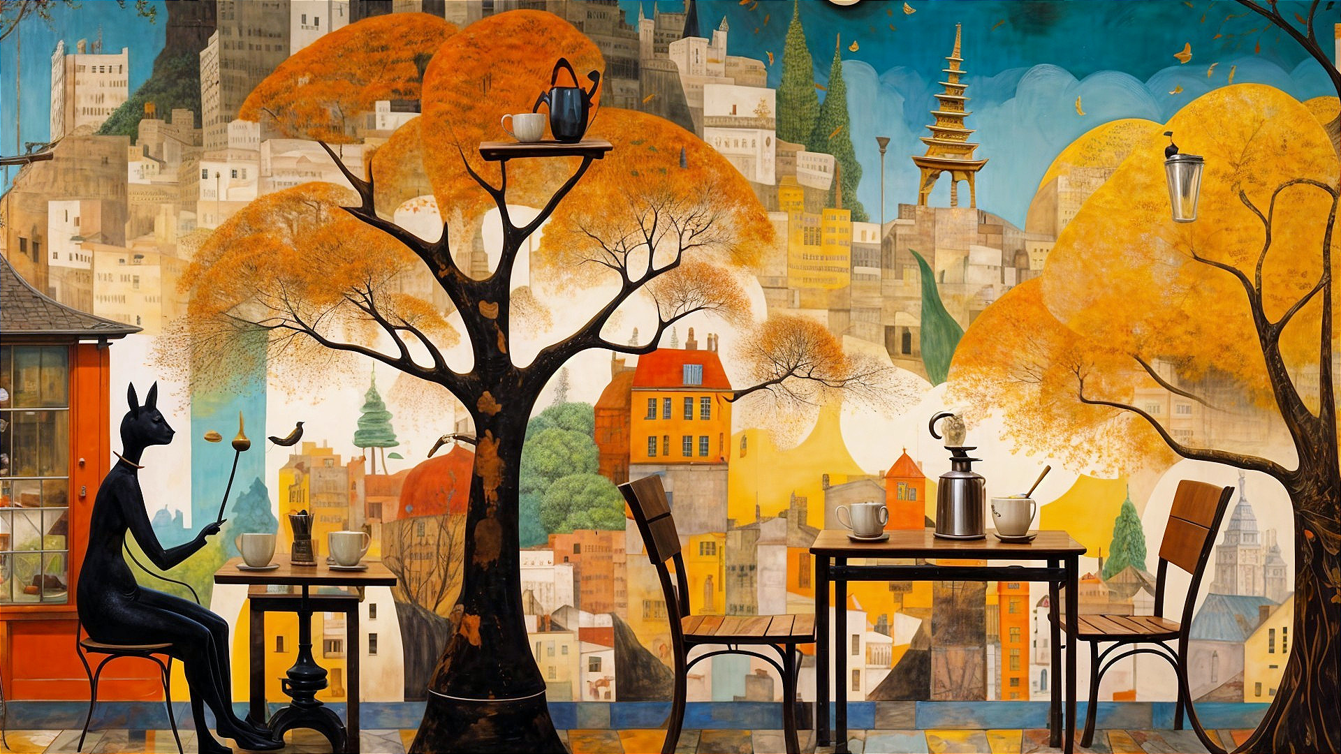 Whimsical café scene with a black cat and autumn trees
