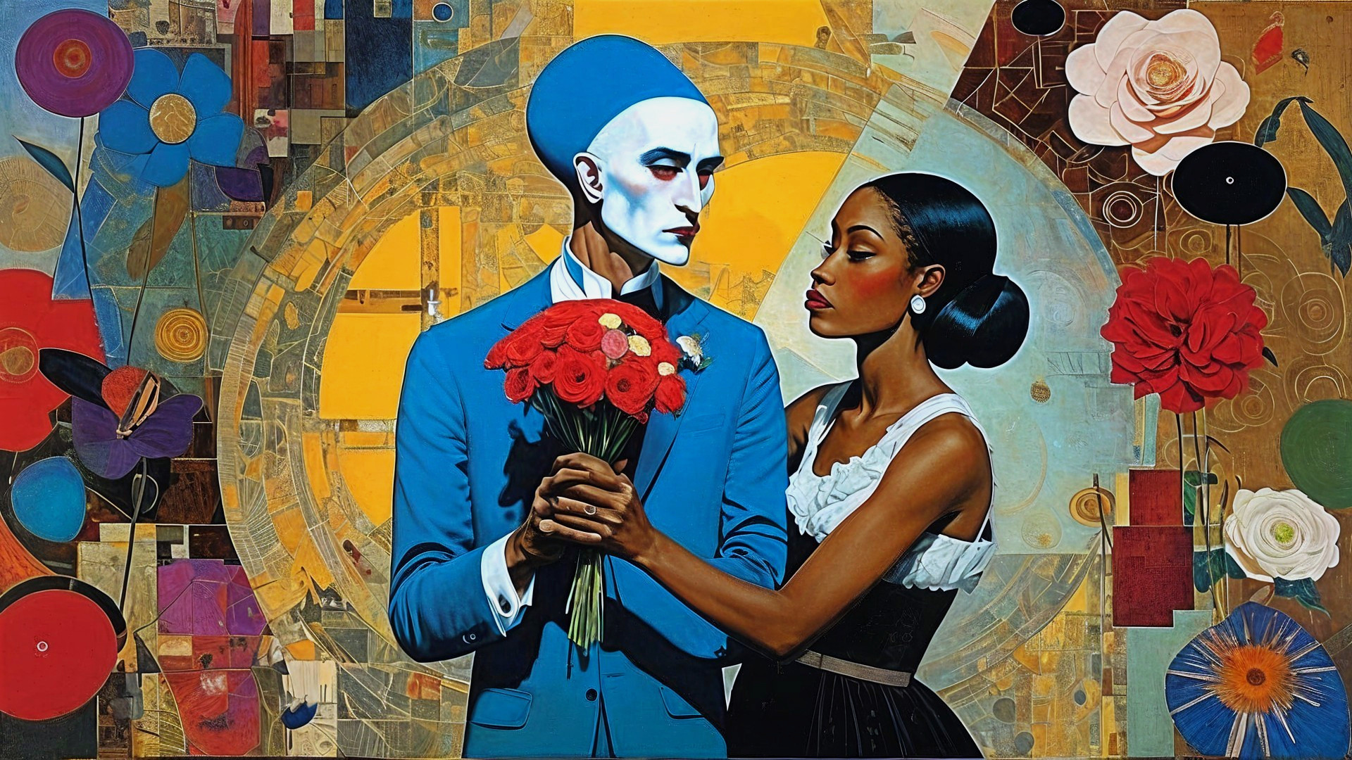 Stylized Man and Woman in Colorful Abstract Scene