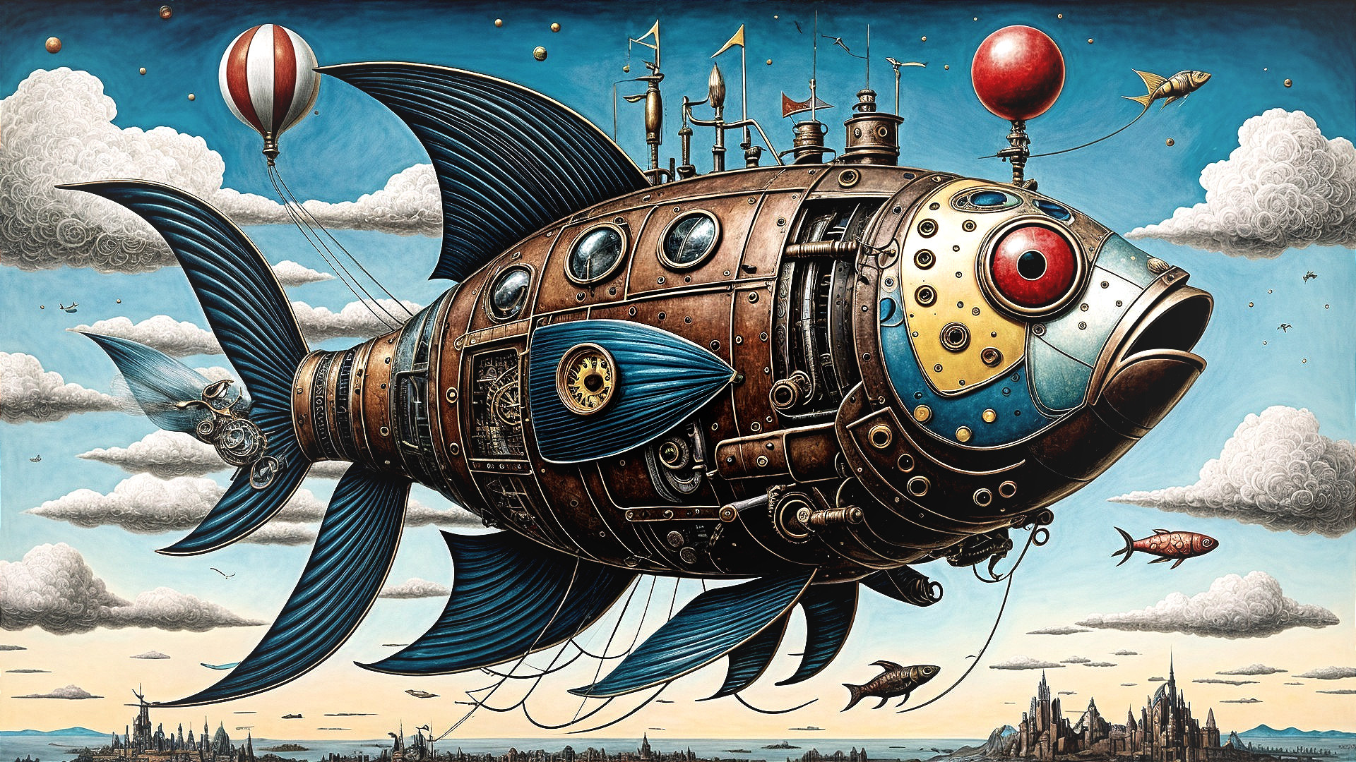 Steampunk Fish in Azure Sky with Fantasy Cityscape
