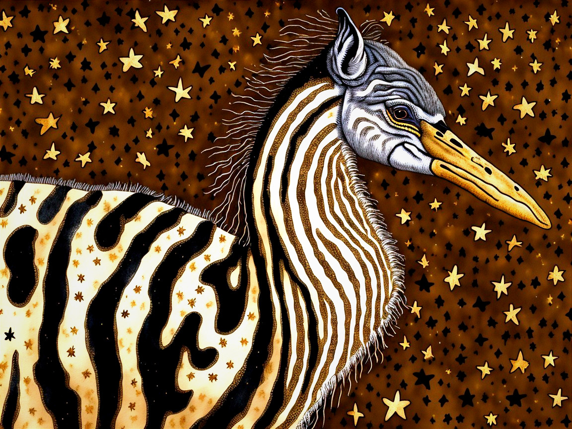 Stylized Bird with Striped Pattern and Starry Background