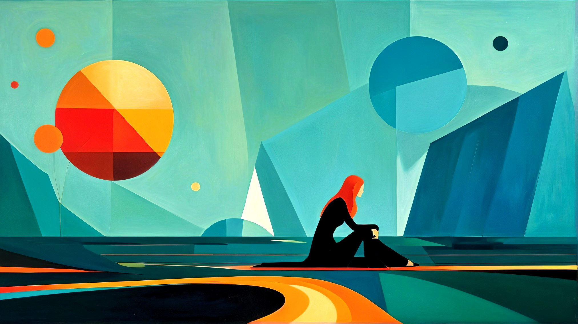 Silhouette in Vibrant Geometric Landscape Artwork