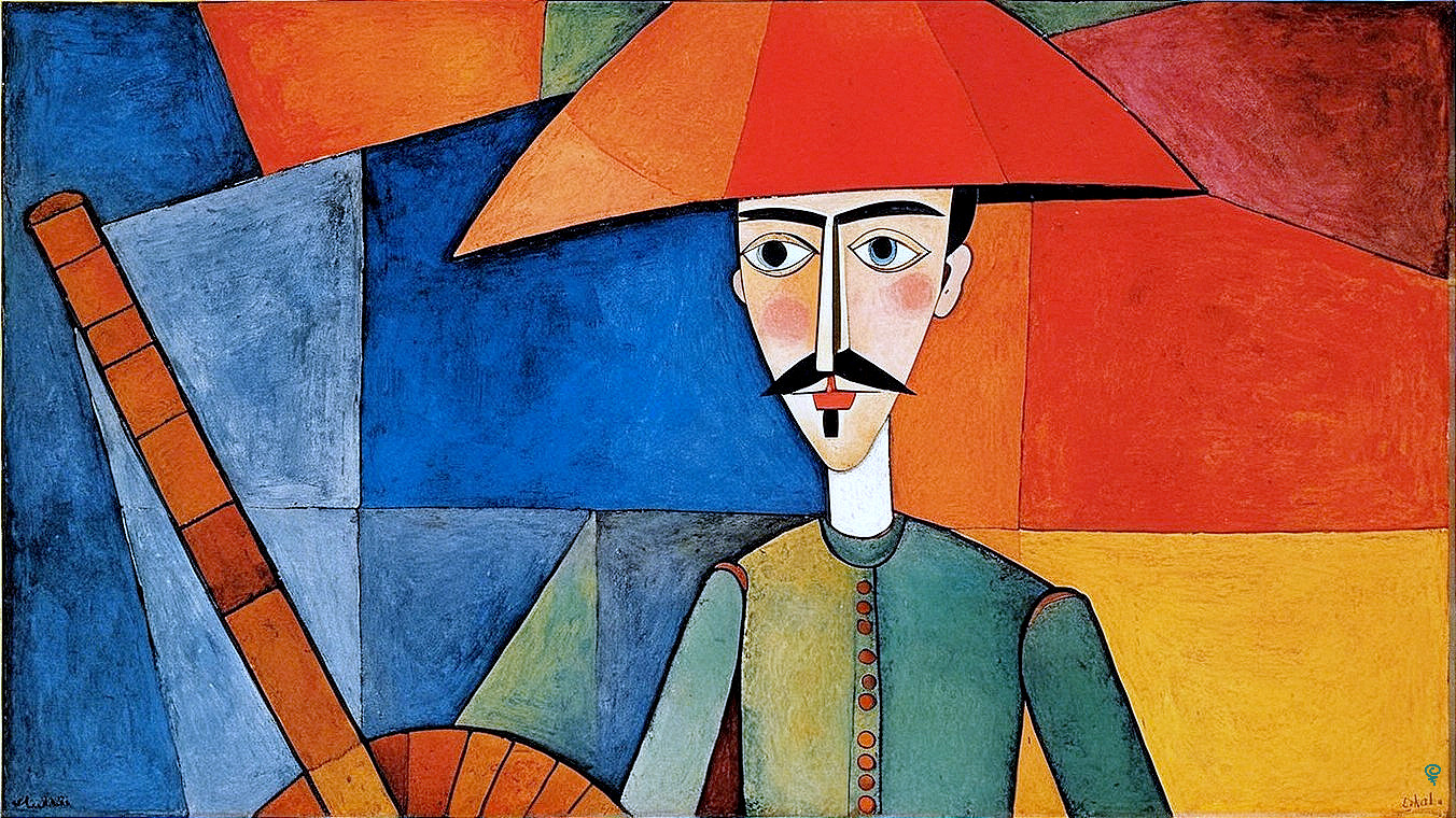 Stylized figure with hat and geometric colorful backdrop