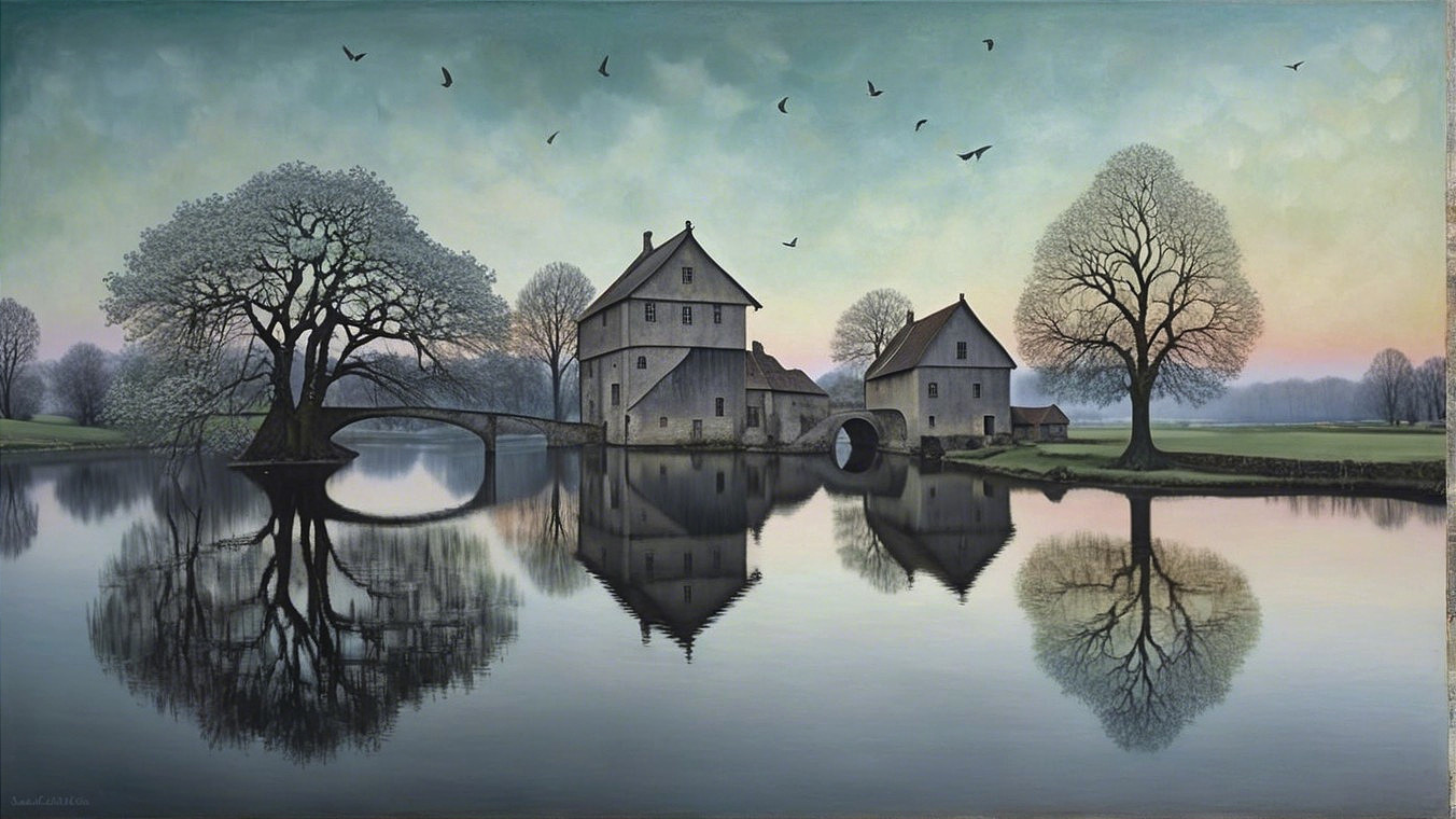 Tranquil River Landscape with Charming Houses and Trees