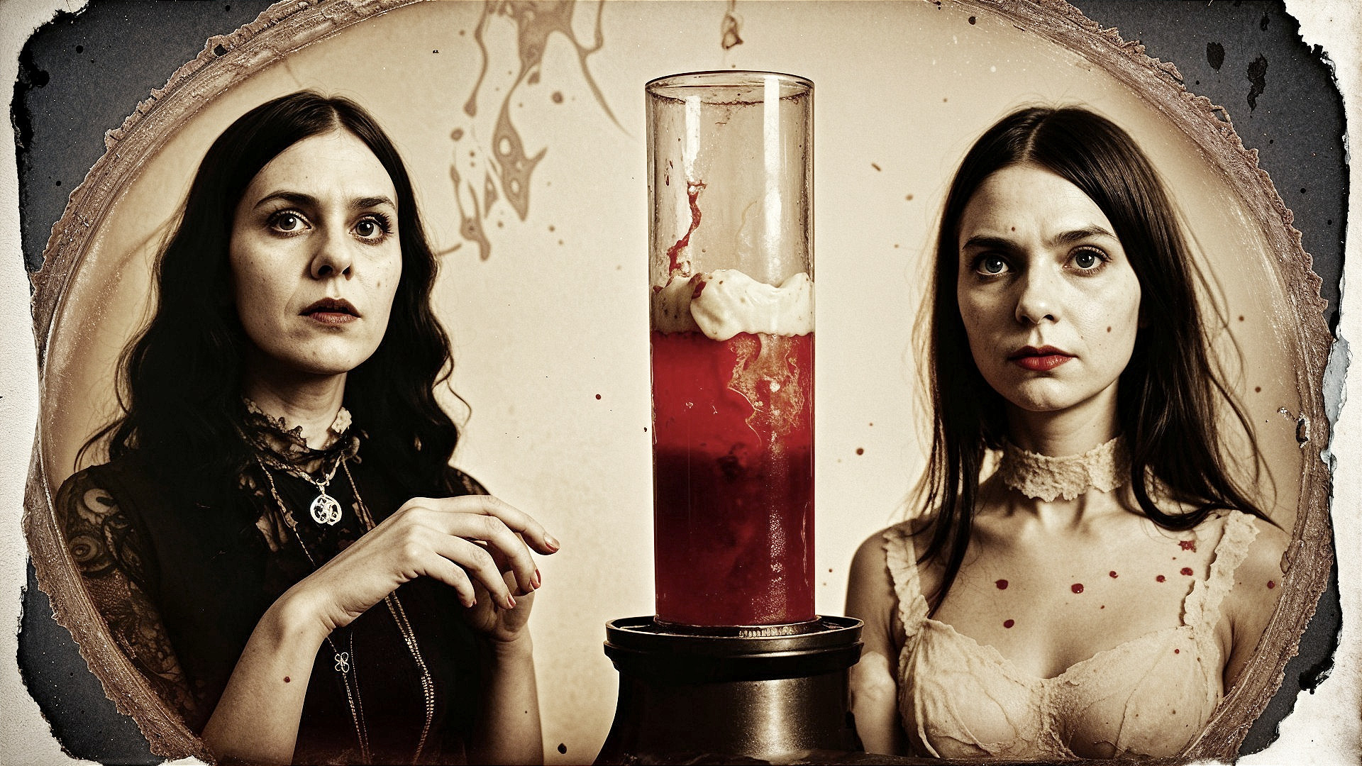 Gothic Scene with Two Women and Crimson Liquid