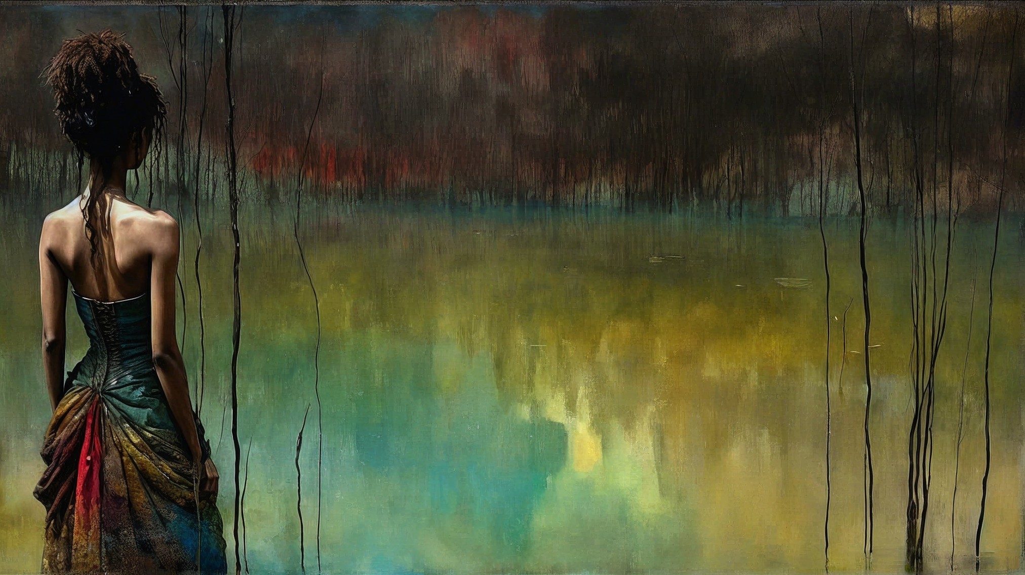 Solitary Figure Gazing at Reflective Water Surface