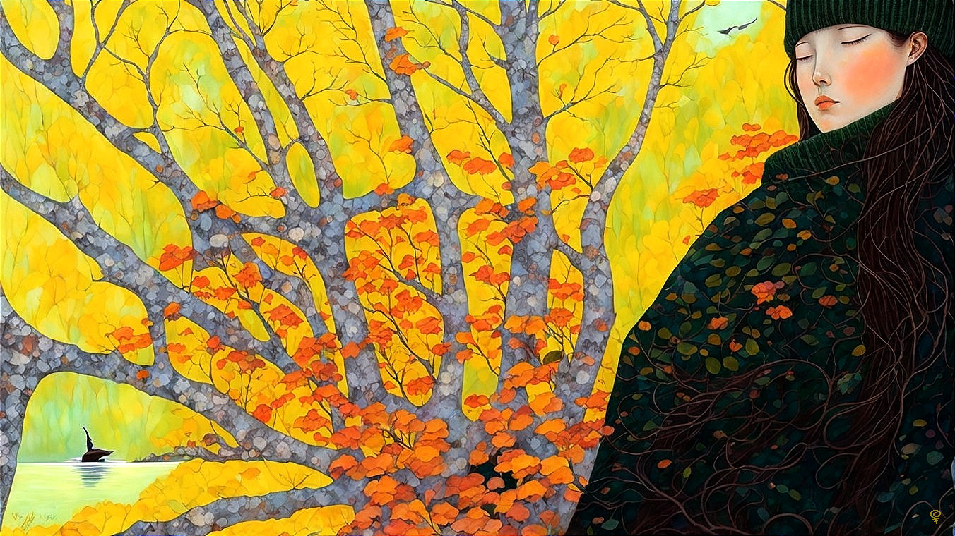 Serene Woman in Dark Green Sweater Amid Autumn Foliage