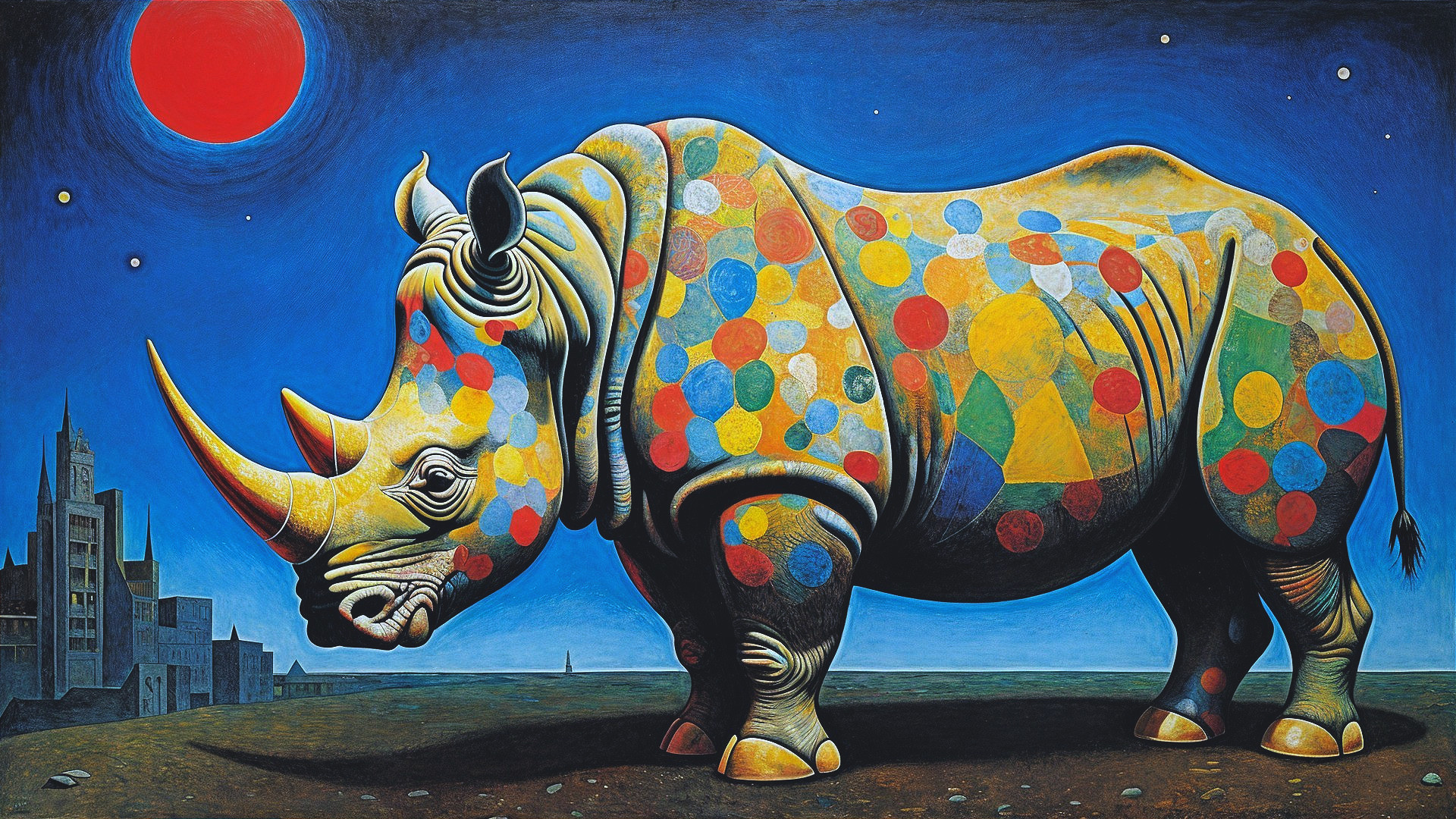 Surreal Rhinoceros with Colorful Circles and City Skyline