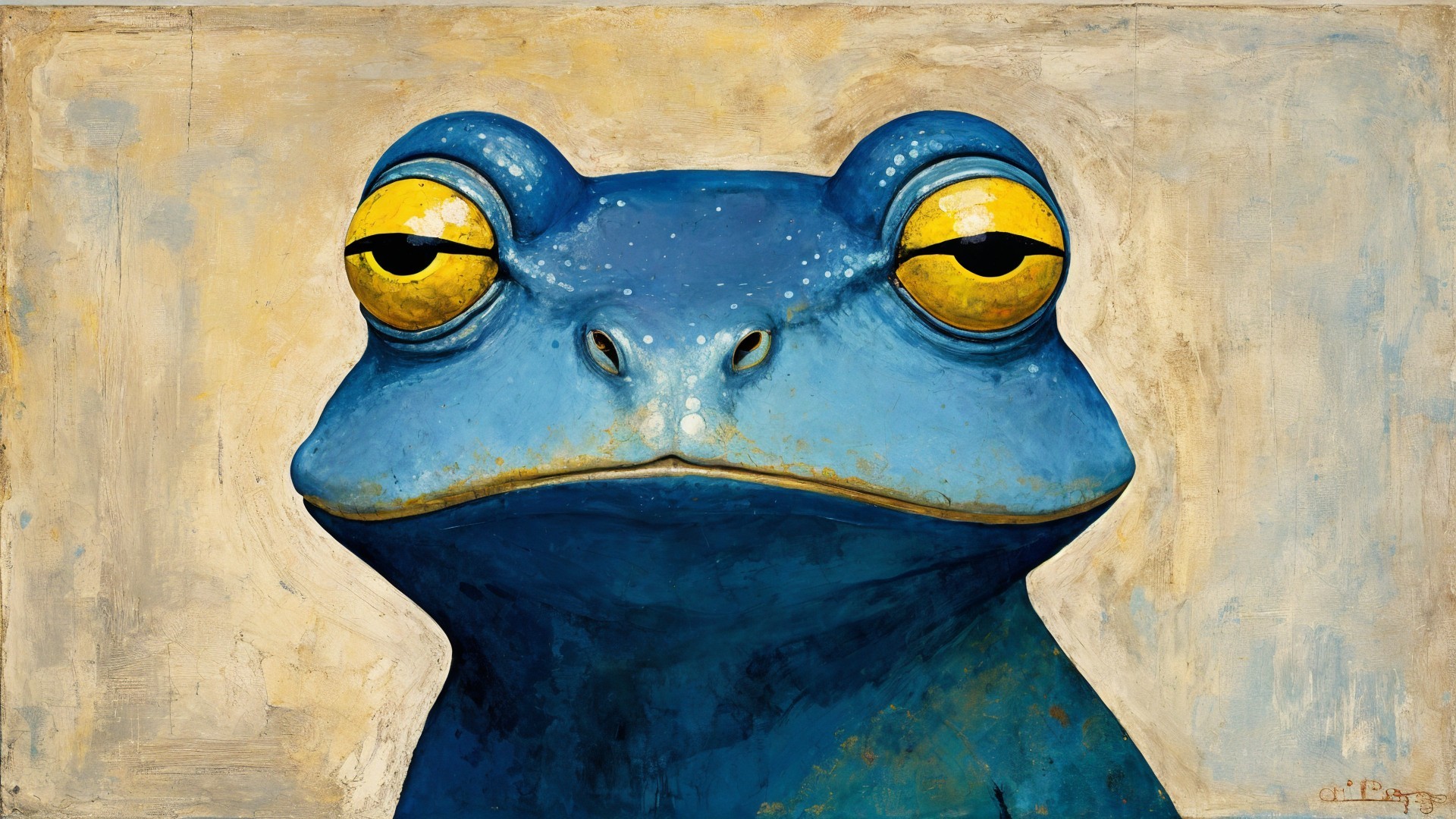 Large Blue Frog with Yellow Eyes in Whimsical Art