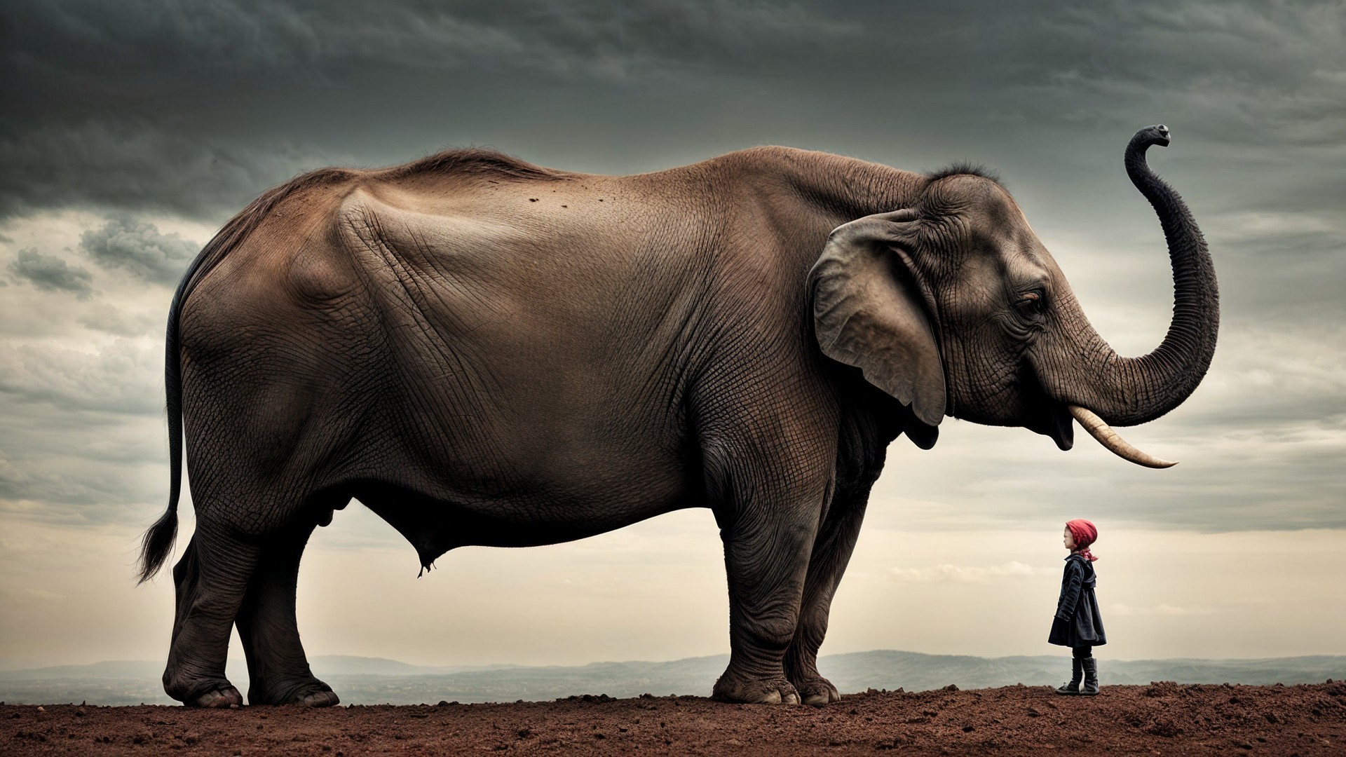 Child and Elephant in Dramatic Landscape Scene