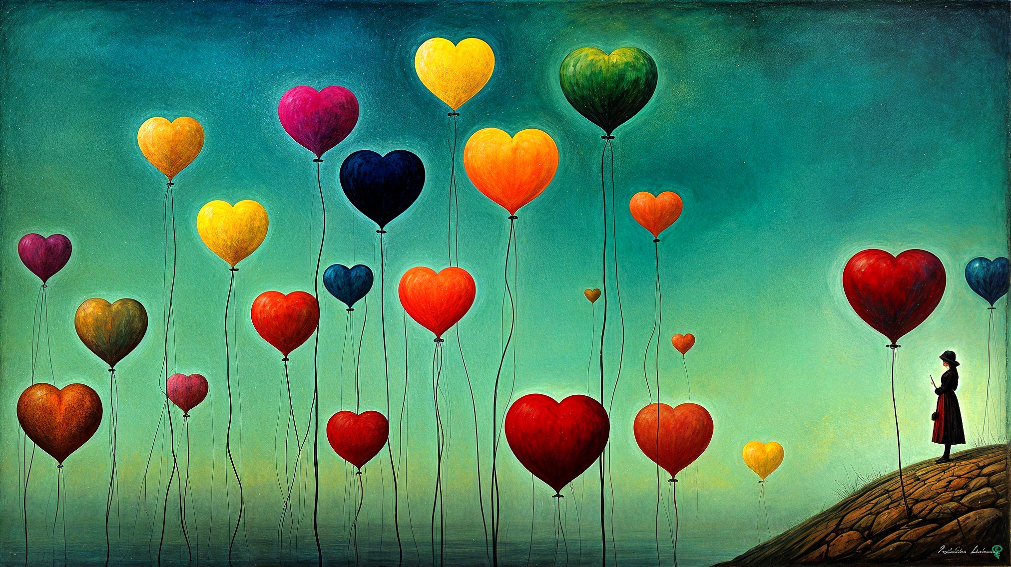 Silhouette on Hill with Colorful Heart-Shaped Balloons