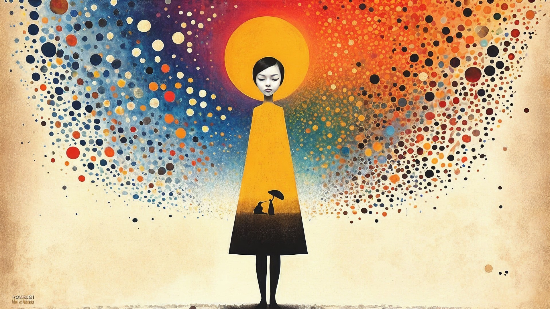 Stylized figure in vibrant landscape with glowing sun