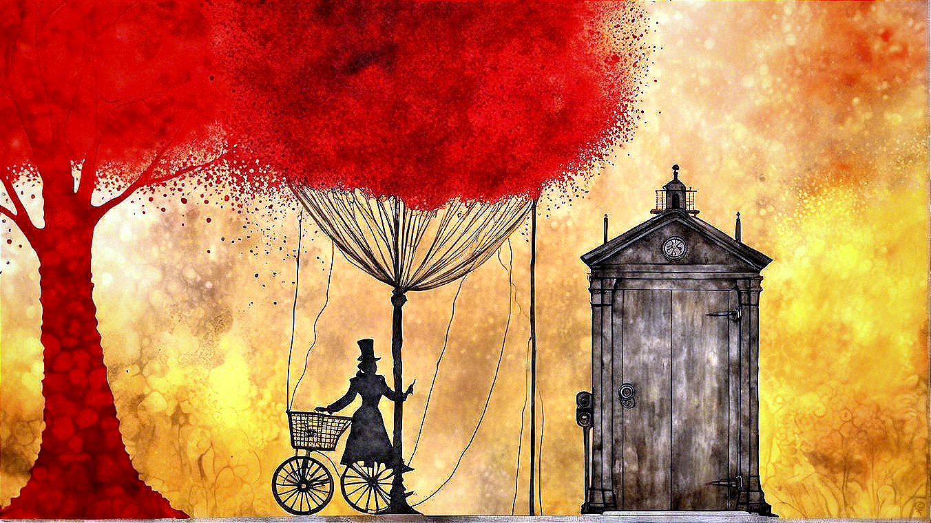 Whimsical Scene of a Figure on Bicycle with Balloon Tree