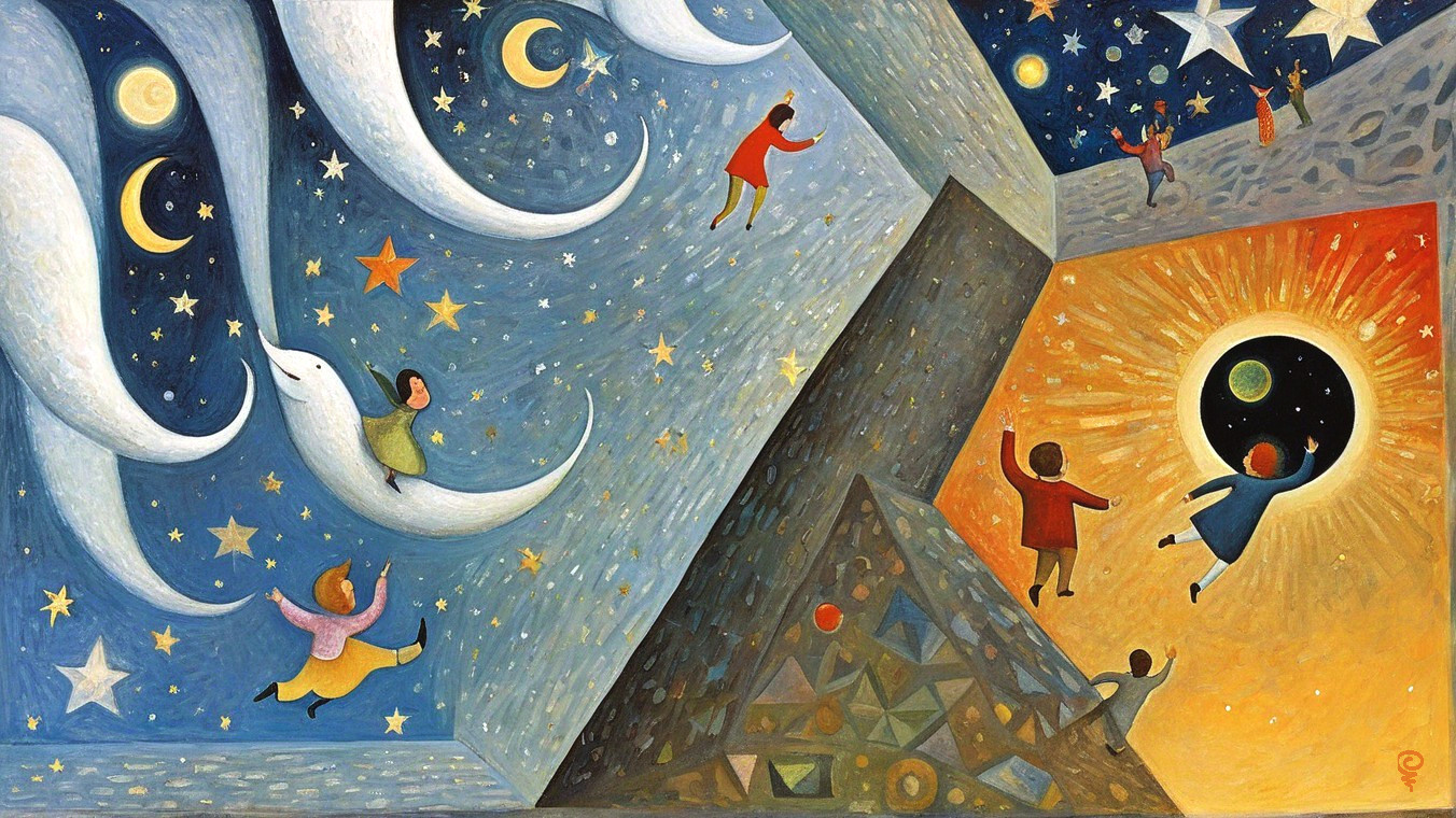 Whimsical Night Sky with Playful Children and Creatures