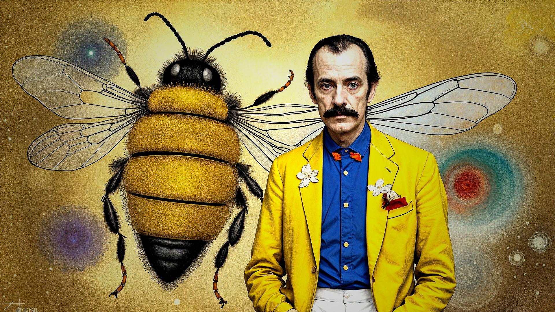 Man in Yellow Suit Next to Stylized Bee and Cosmic Background
