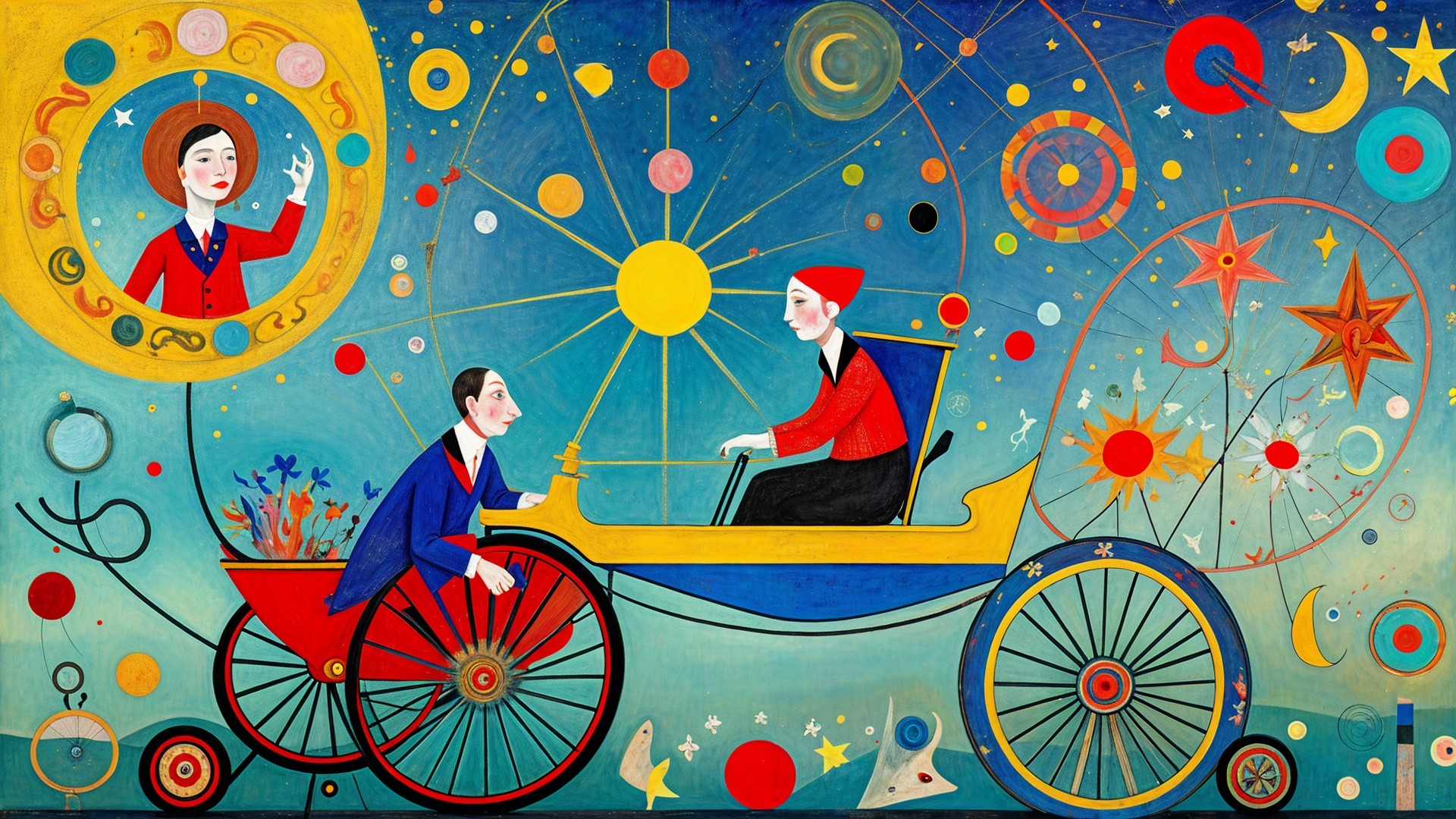 Colorful Painting of Characters in Vintage Car with Celestial Motifs