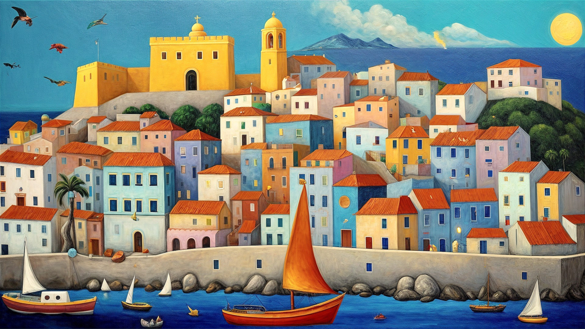 Vibrant Coastal Village with Colorful Houses and Castle