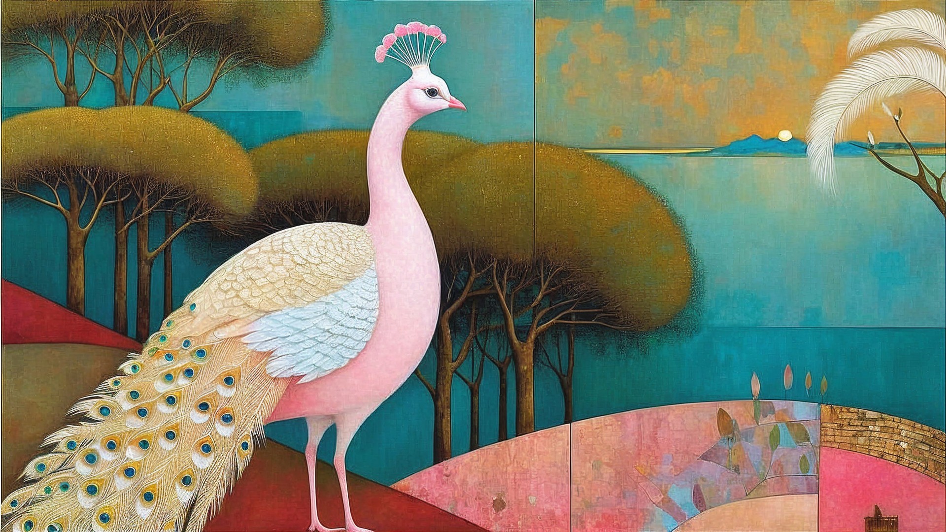 Stylized peacock with vibrant feathers in serene landscape