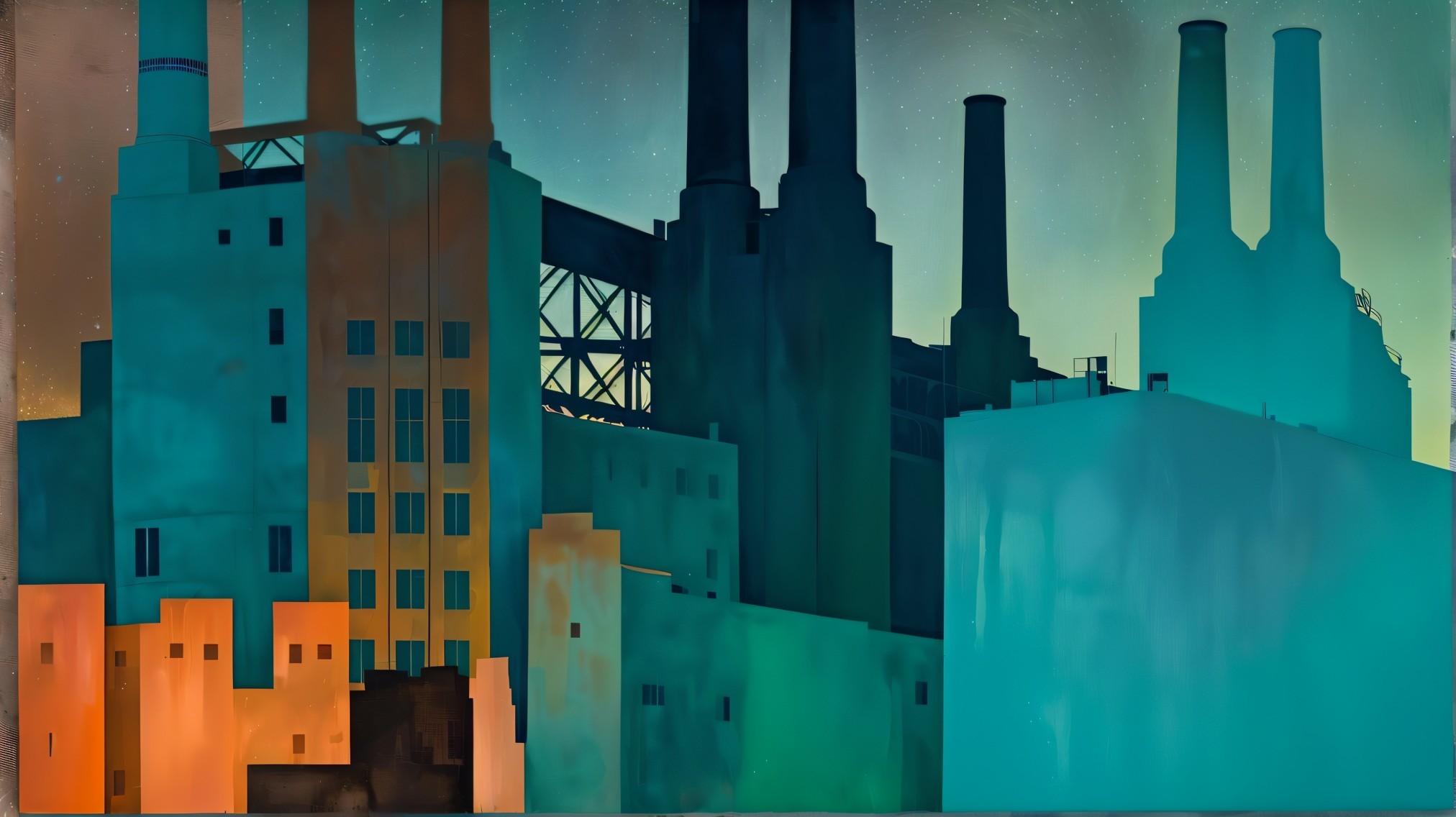 Industrial Landscape with Smokestacks and Twilight Sky