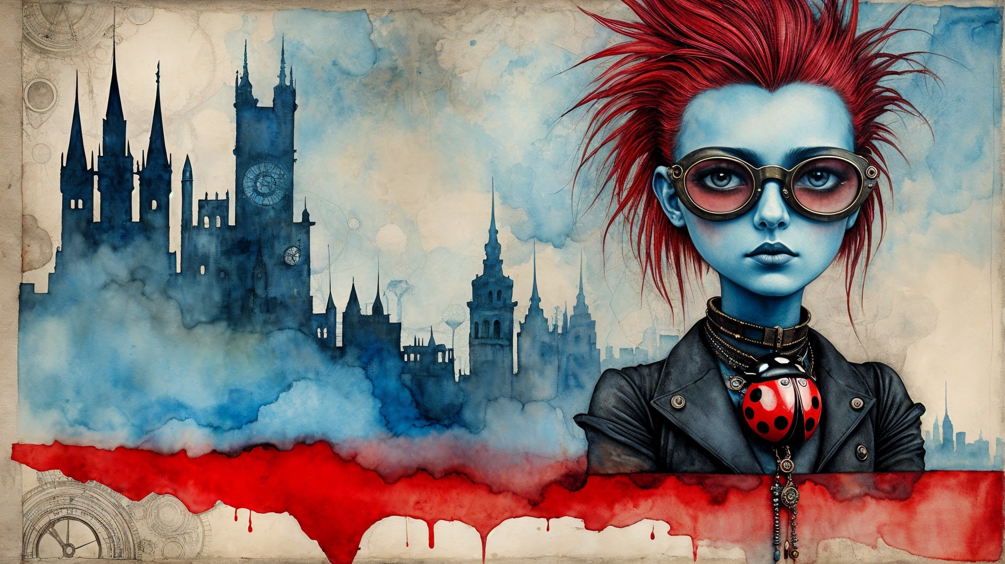 Stylized Character with Red Hair Against Gothic Skyline