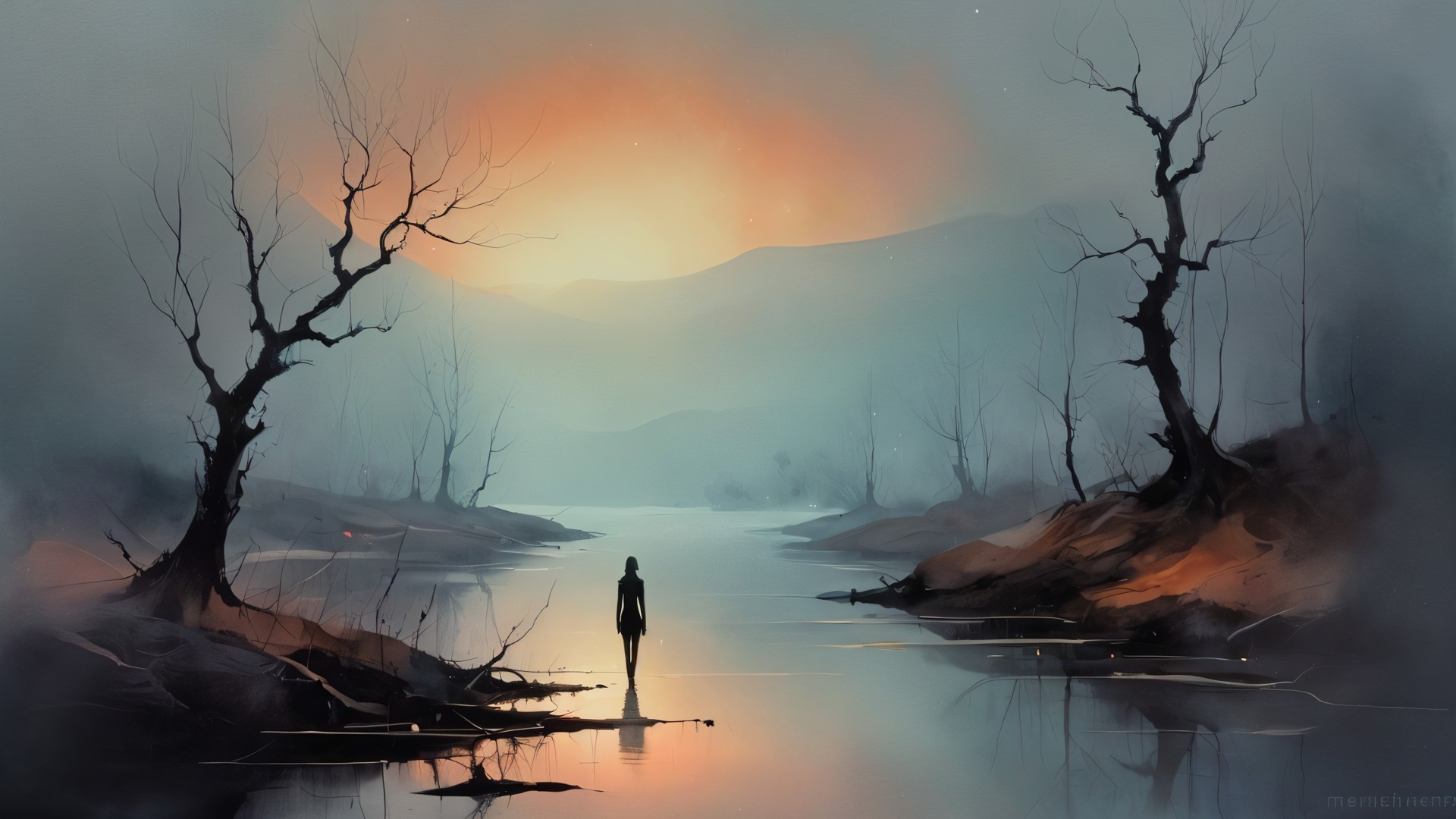 Serene Dusk Landscape with Misty River and Trees