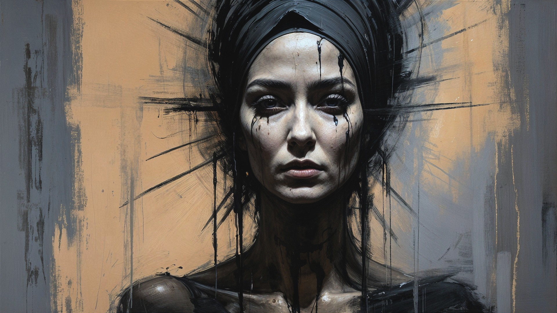 Female Figure with Dark Paint and Abstract Background