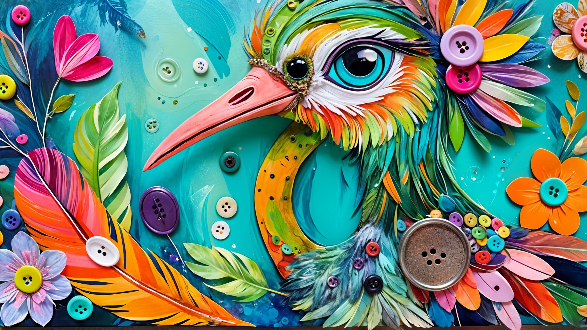 Colorful Bird with Tropical Foliage and Buttons