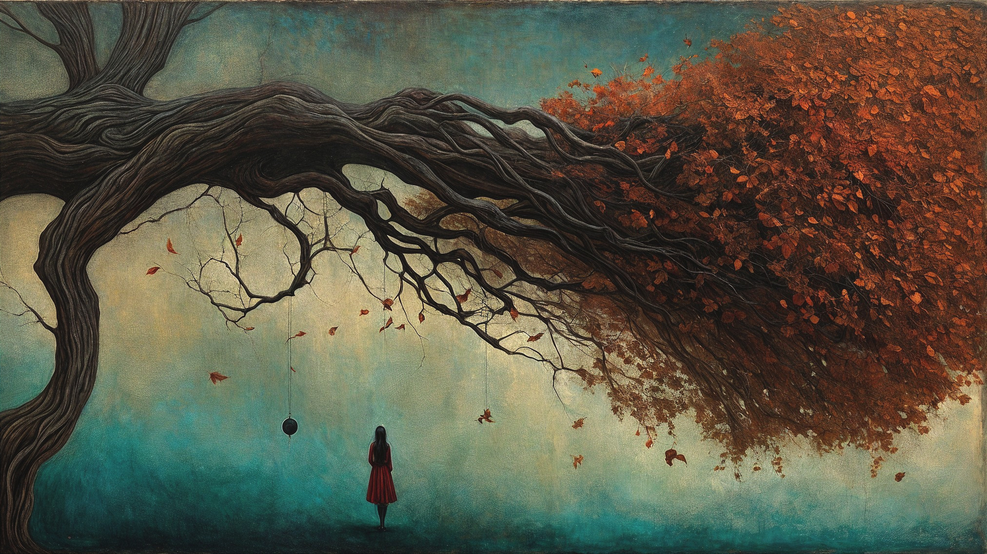 Surreal Landscape with Girl and Twisted Tree