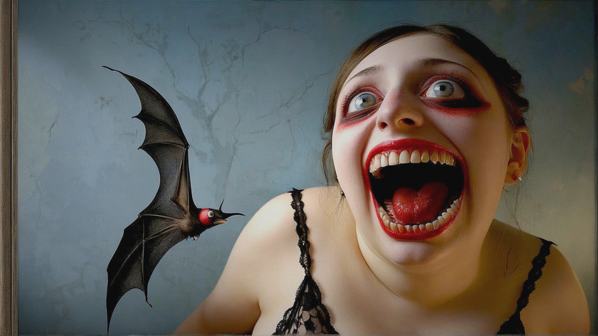 Woman with Exaggerated Makeup and Cartoon Bat