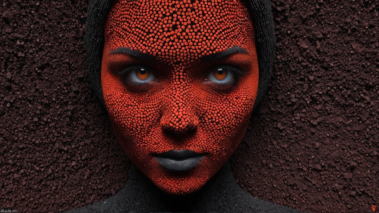 Portrait of a Woman with Red Dots and Orange Eyes