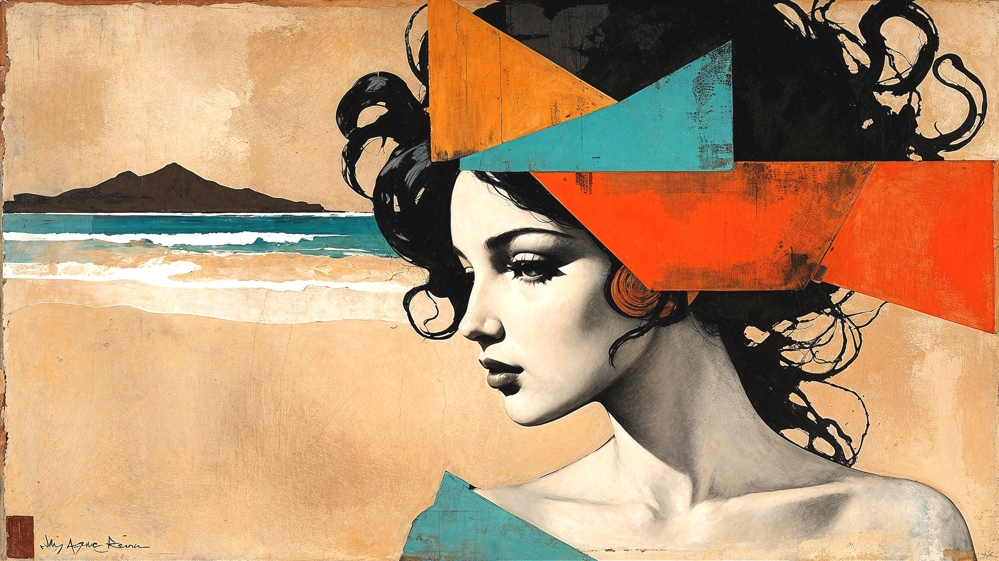 Serene Woman's Profile with Beach and Abstract Elements
