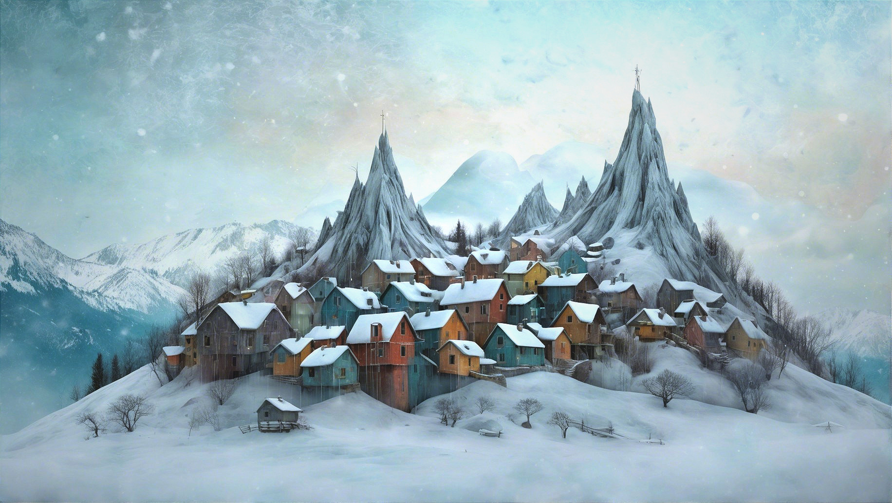 Aerial View of a Snowy Village with Mountains