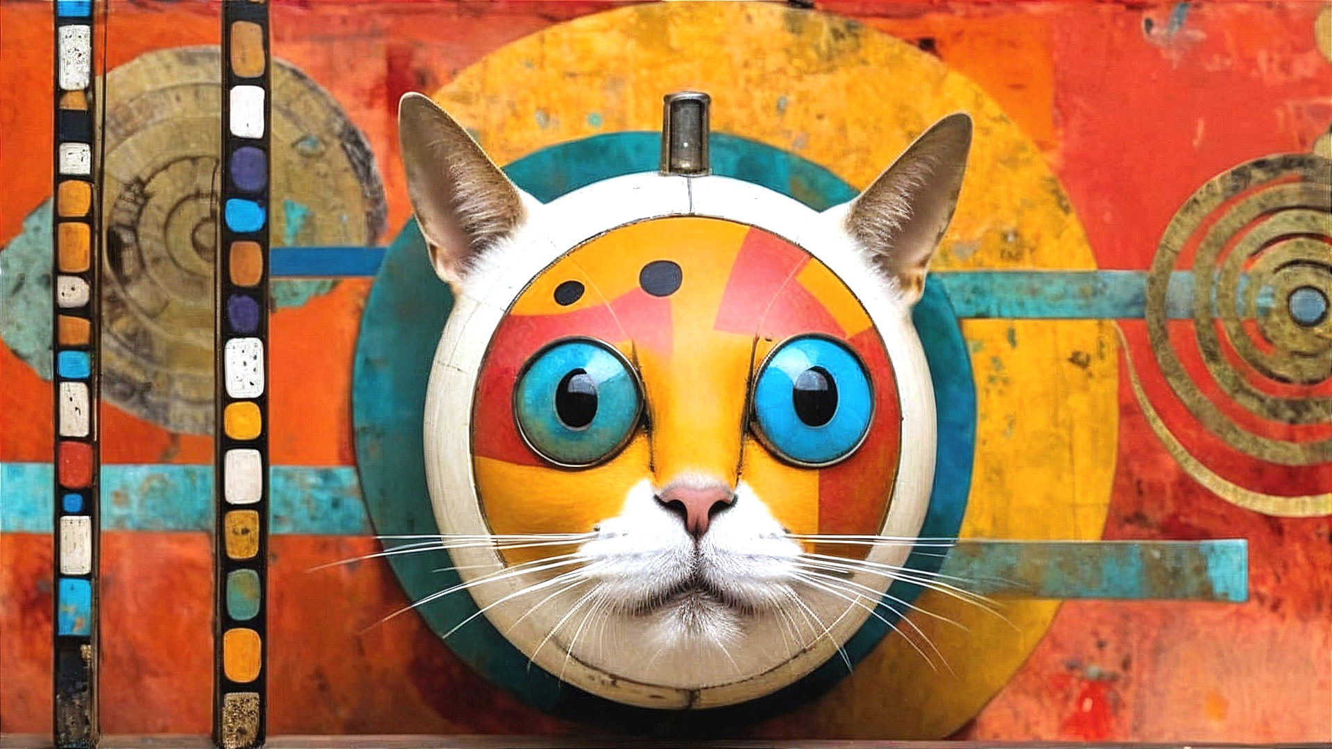 Whimsical Cat Head with Colorful Surreal Art