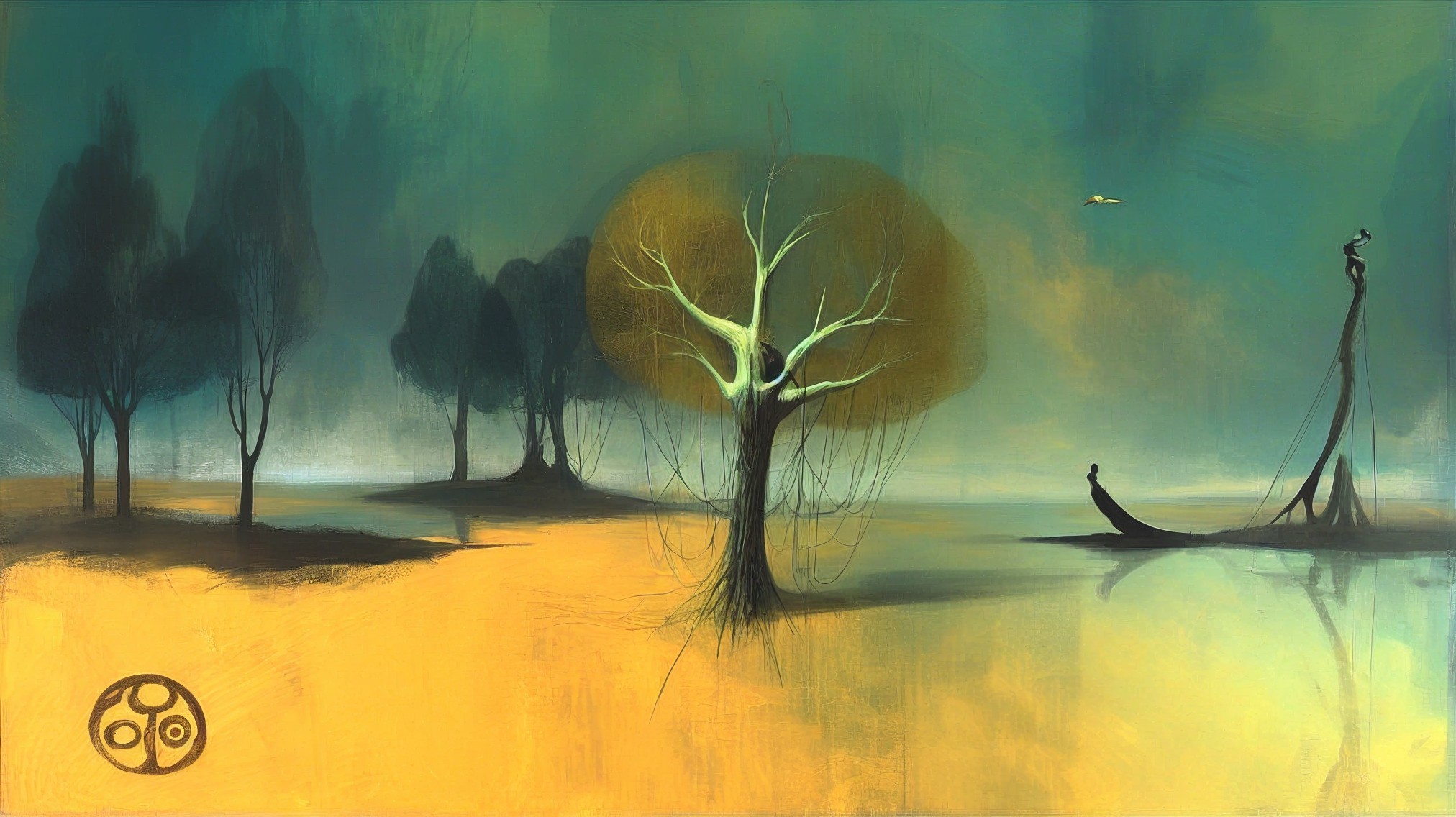 Surreal Landscape with Barren Tree and Misty Atmosphere