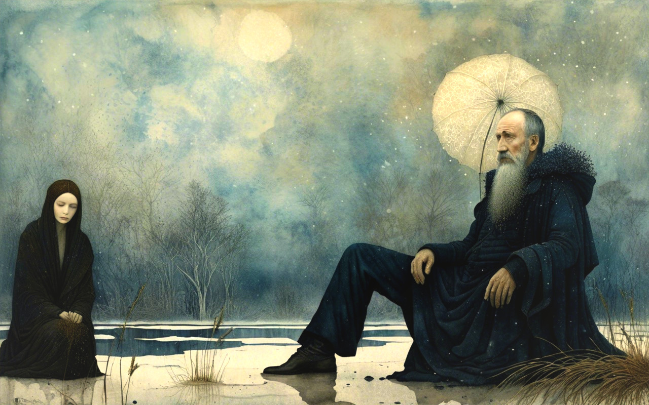 Elderly Man and Young Woman in Winter Landscape