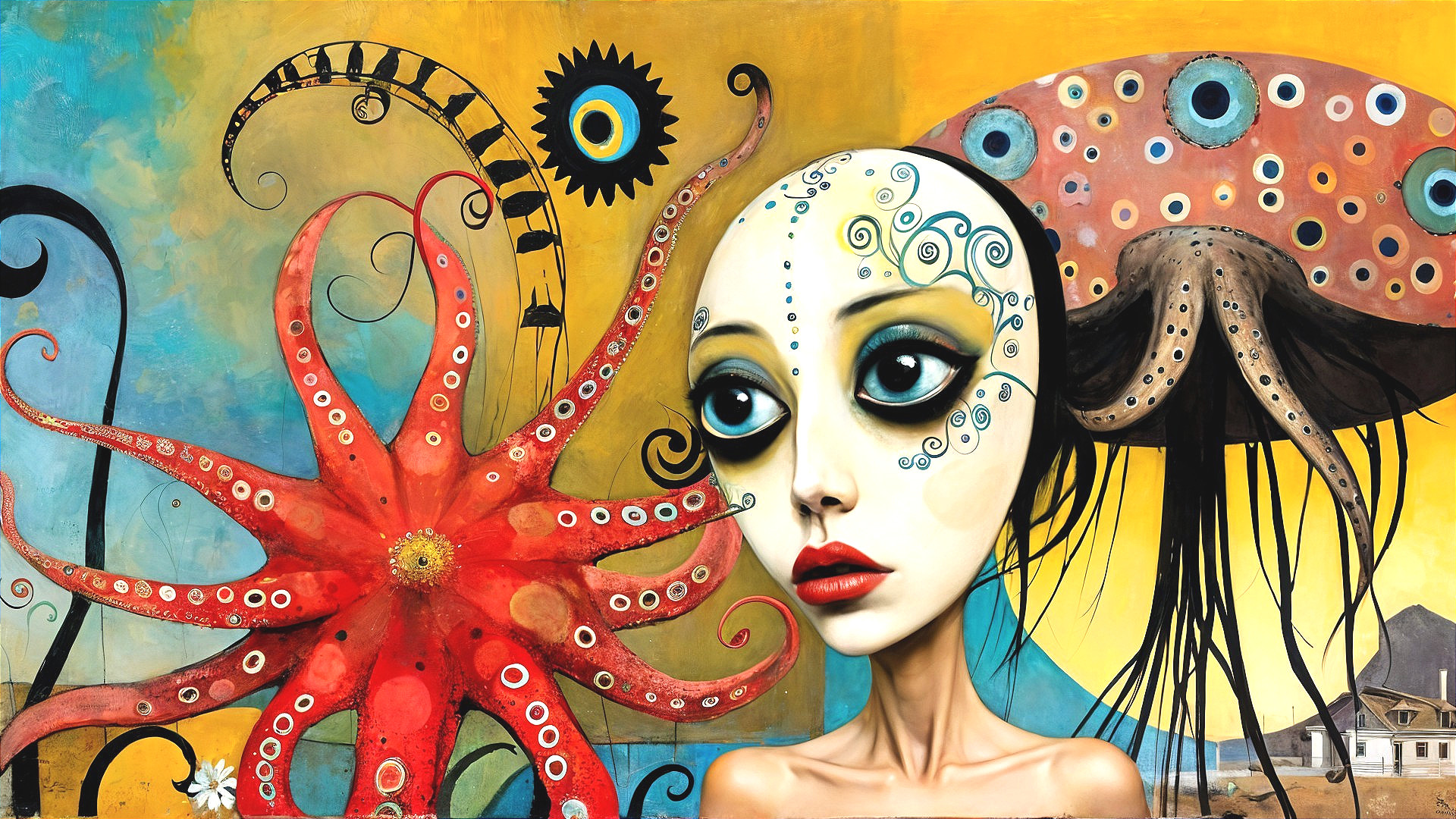 Colorful Mural of Octopus and Surreal Girl in Fantasy