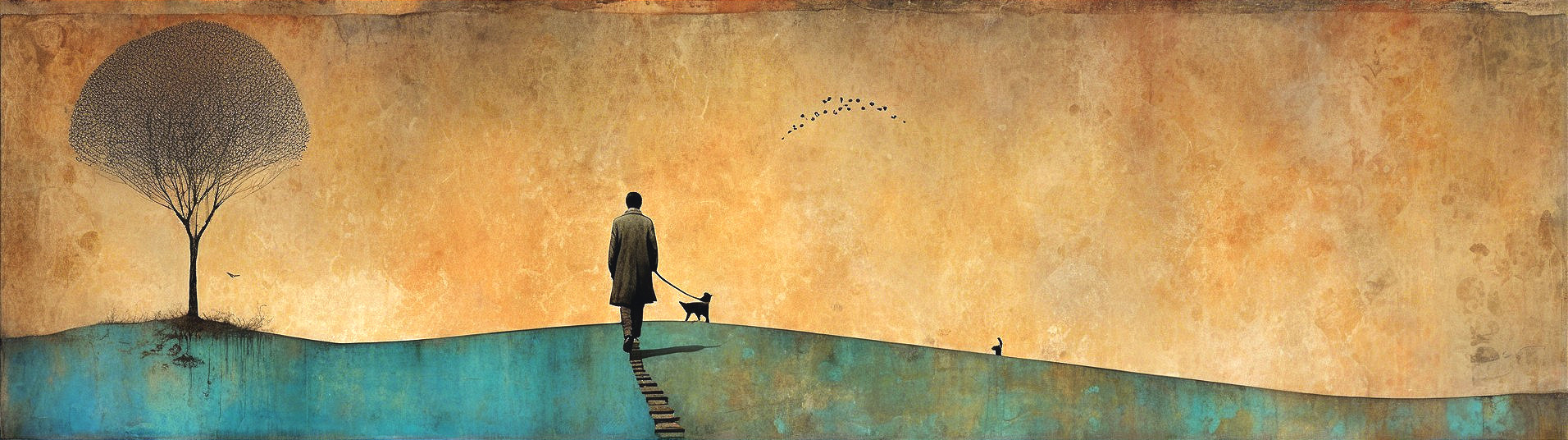 Solitary Figure Walking a Dog in Abstract Landscape