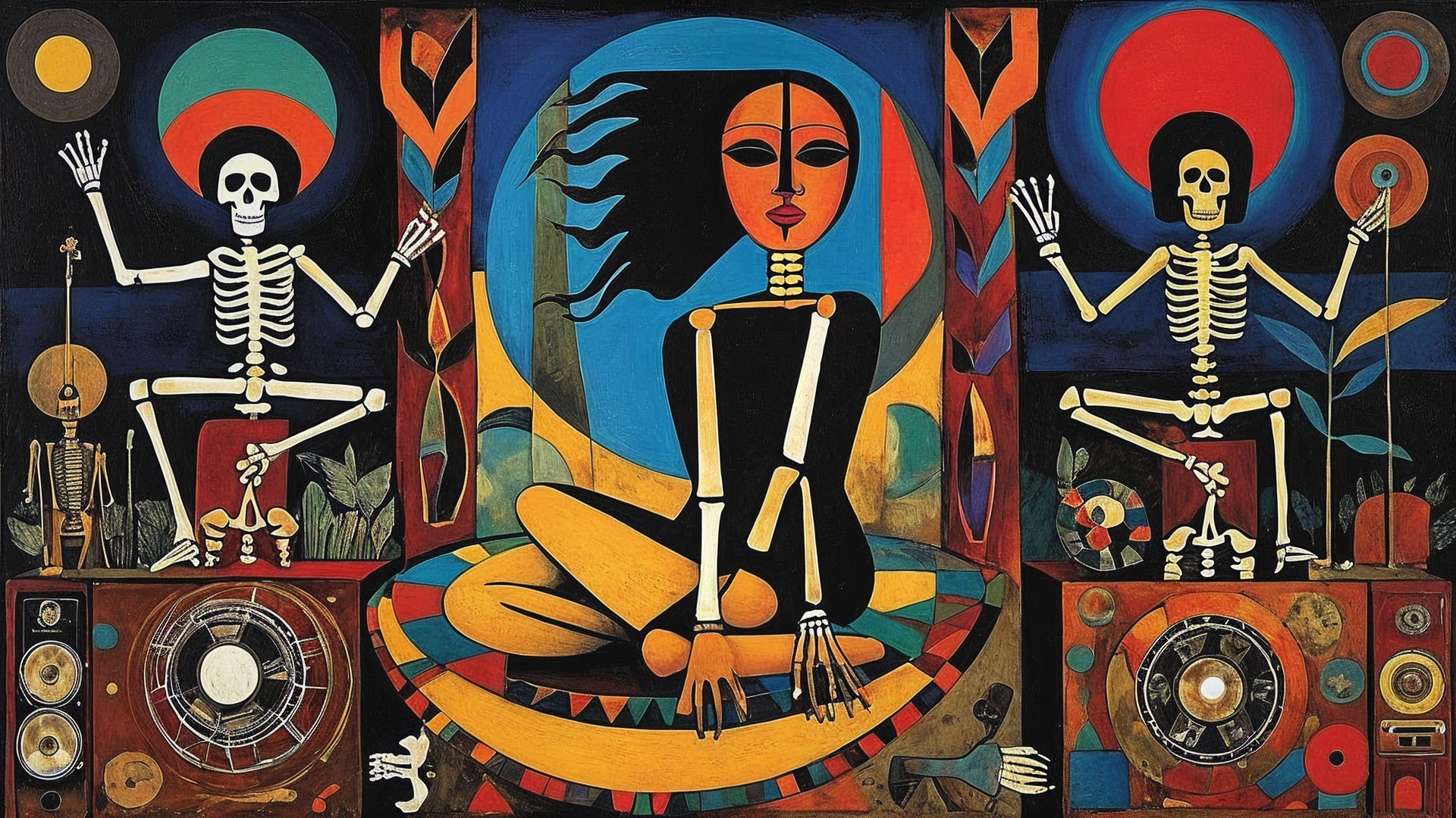Colorful Skeletons and Serene Figure in Artwork