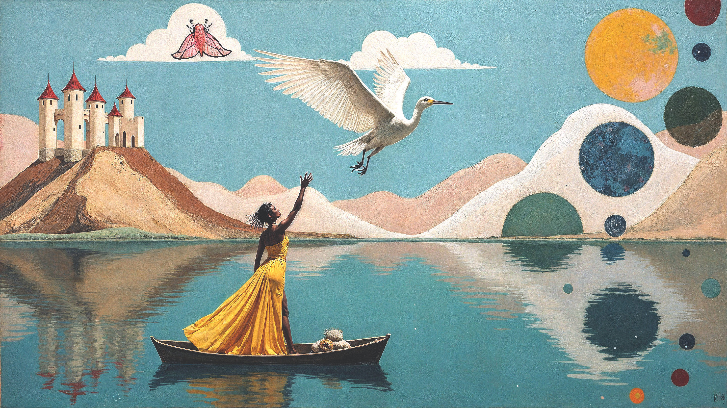 Woman in Yellow Dress by Calm Lake with Bird and Castle