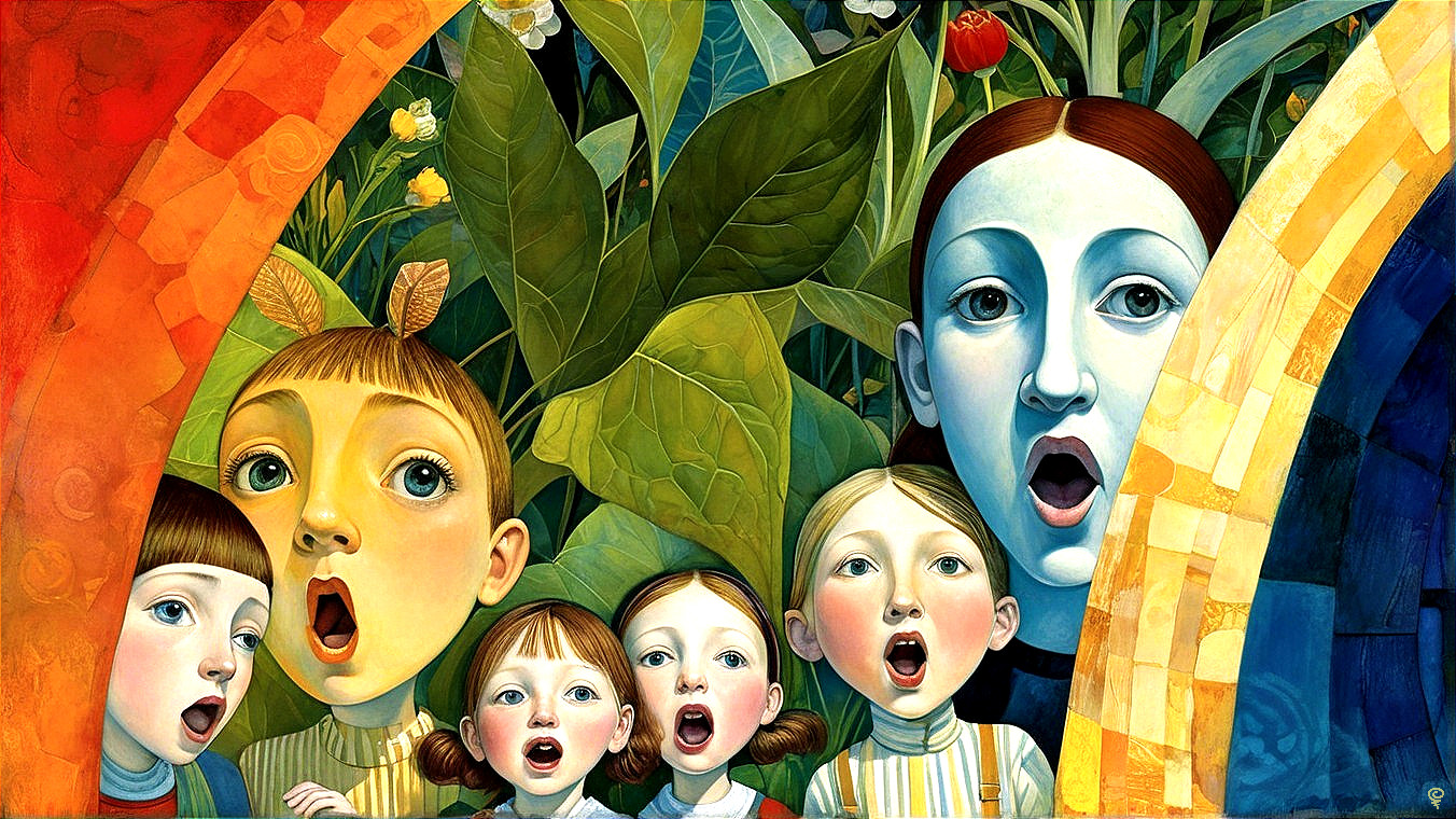 Colorful Painting of Children and Woman in Nature