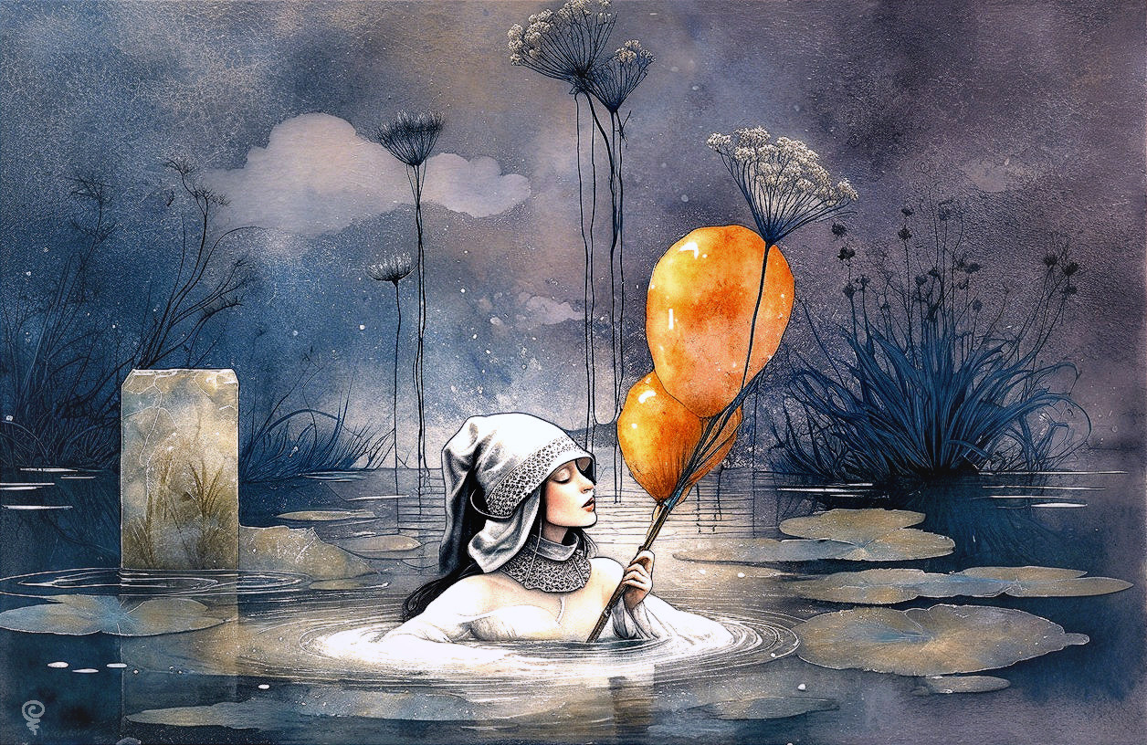 Ethereal Scene of Woman in Water with Balloons