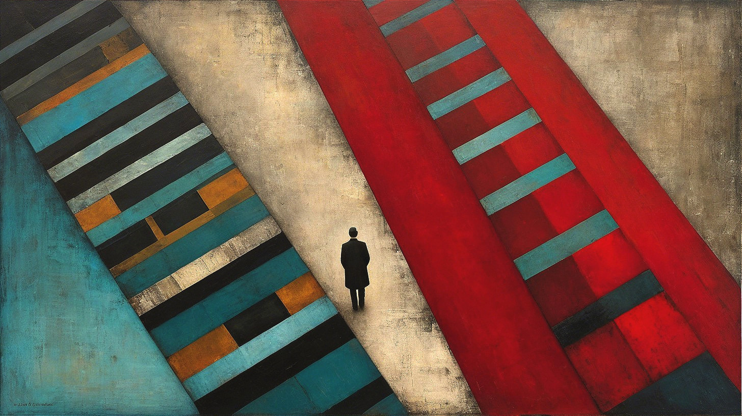 Conceptual painting of a lone figure on a textured path
