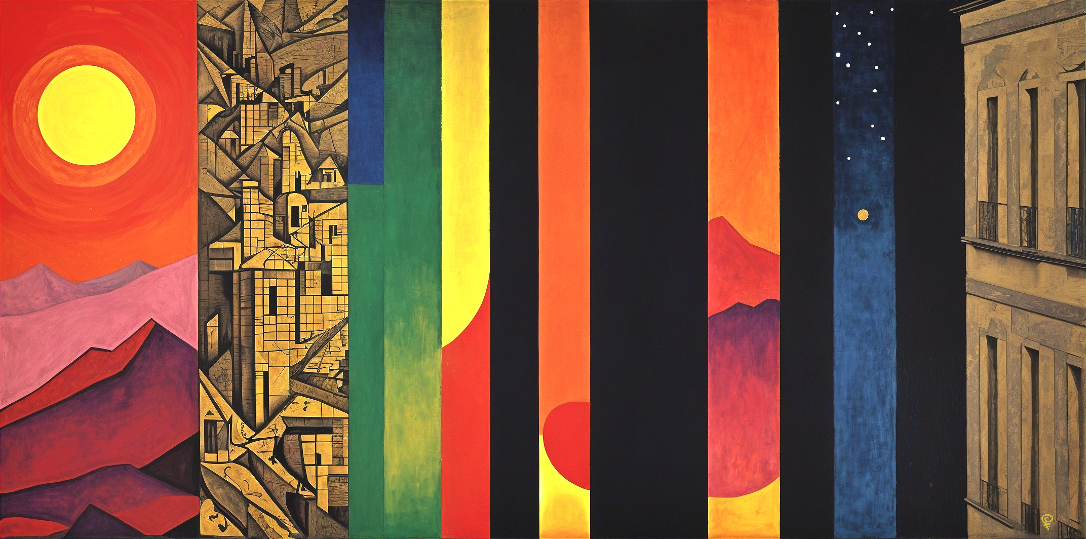 Colorful Geometric Landscape with Sun and Night Sky