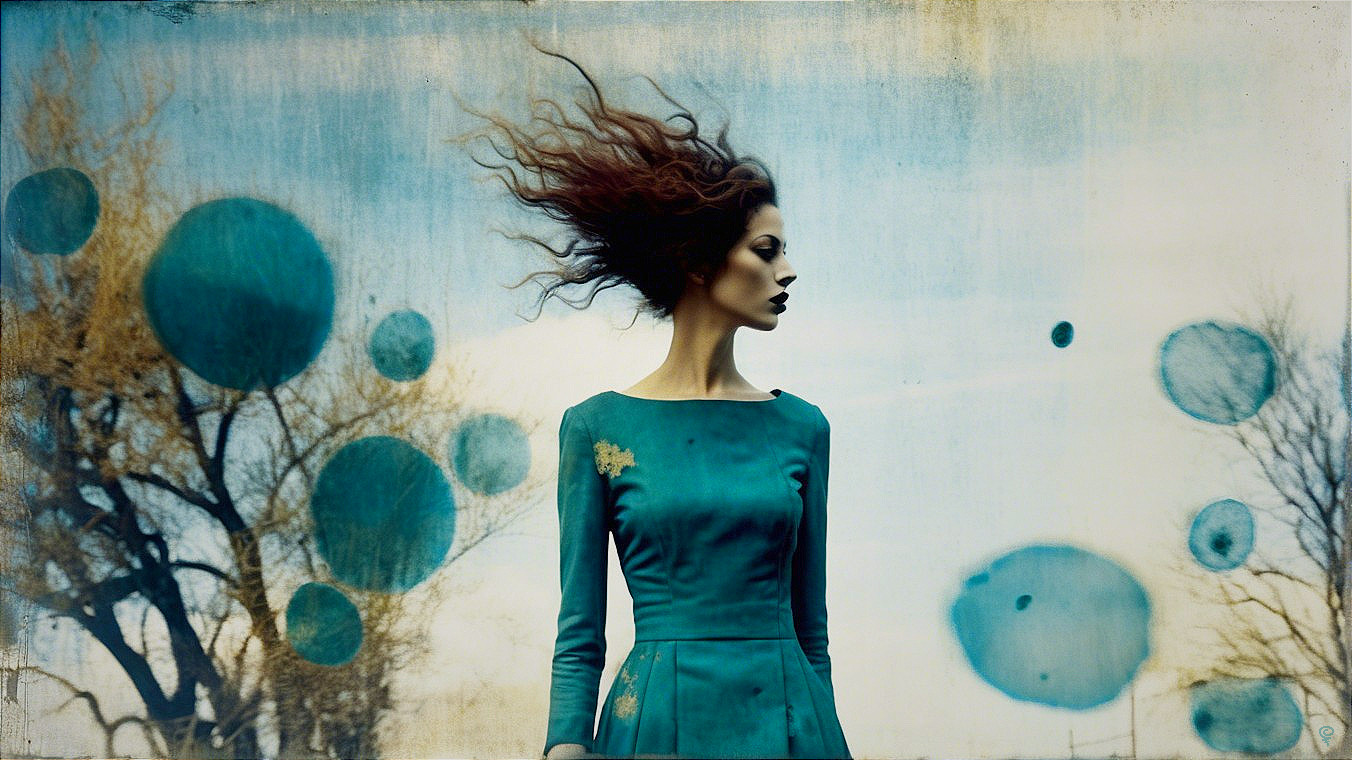 Woman in teal dress in dreamlike landscape with clouds