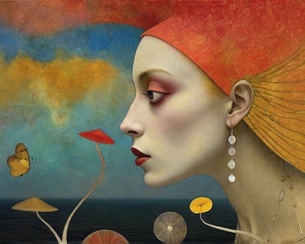 Surreal Painting of Woman, Butterflies, and Mushrooms