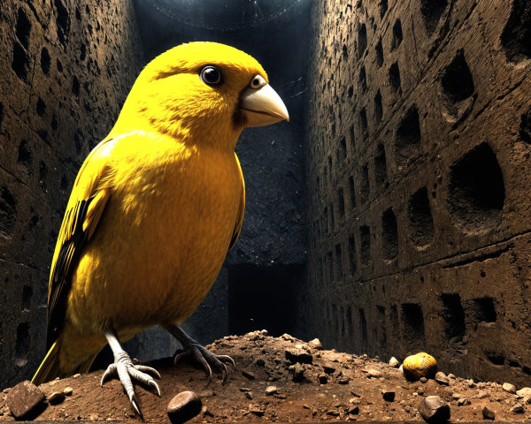 Vibrant Yellow Bird in Dimly Lit Cavern Setting