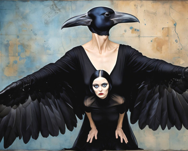 Raven-headed figure with wings against blue wall